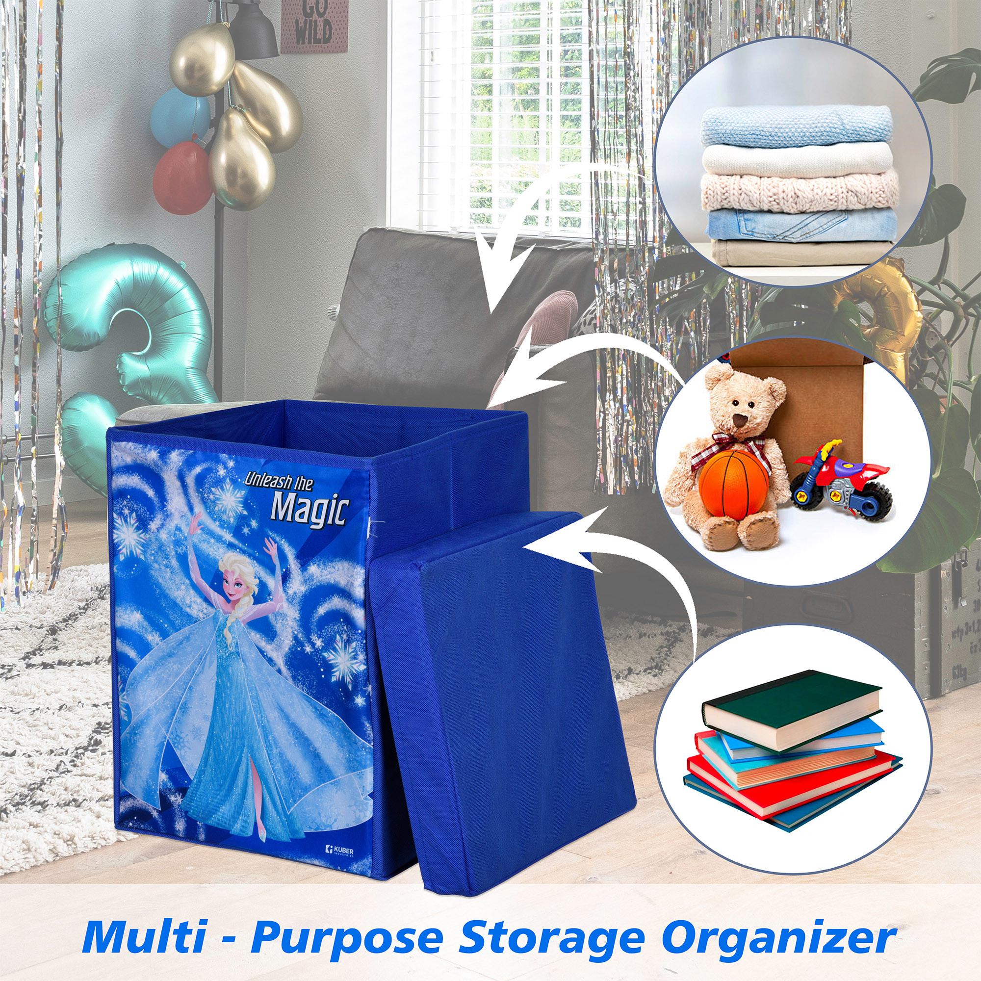 Kuber Industries Toy Storage Box | Laundry Basket for Toys | Folding Laundry Basket | Clothes Hamper with Lid & Handles | Storage Basket for Bathroom | Disney Frozen | 60 LTR | Navy Blue