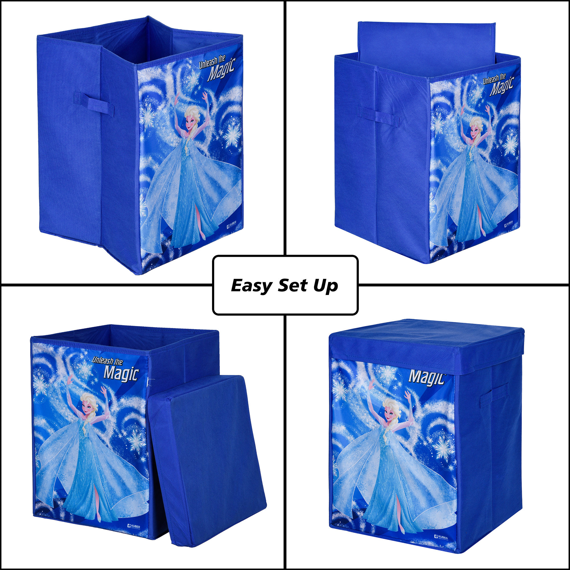 Kuber Industries Toy Storage Box | Laundry Basket for Toys | Folding Laundry Basket | Clothes Hamper with Lid & Handles | Storage Basket for Bathroom | Disney Frozen | 60 LTR | Navy Blue