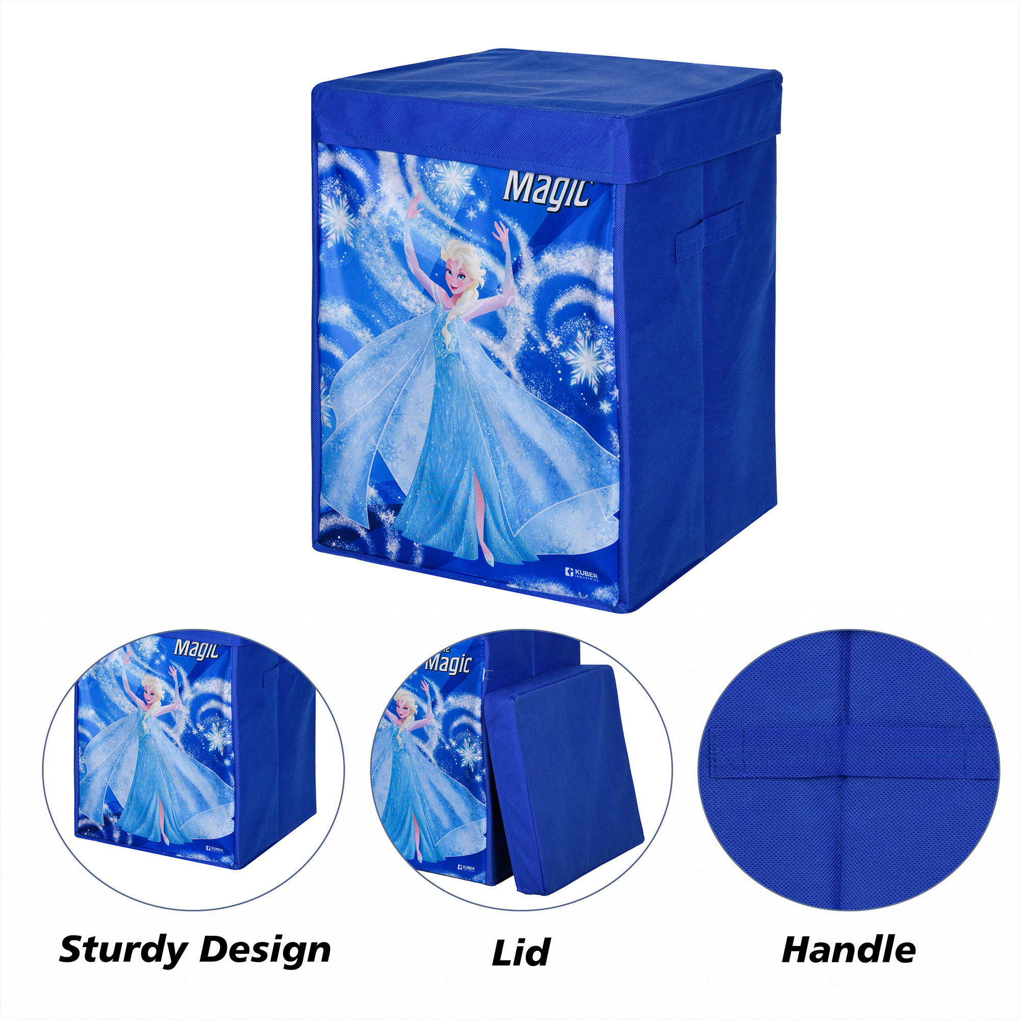 Kuber Industries Toy Storage Box | Laundry Basket for Toys | Folding Laundry Basket | Clothes Hamper with Lid & Handles | Storage Basket for Bathroom | Disney Frozen | 60 LTR | Navy Blue