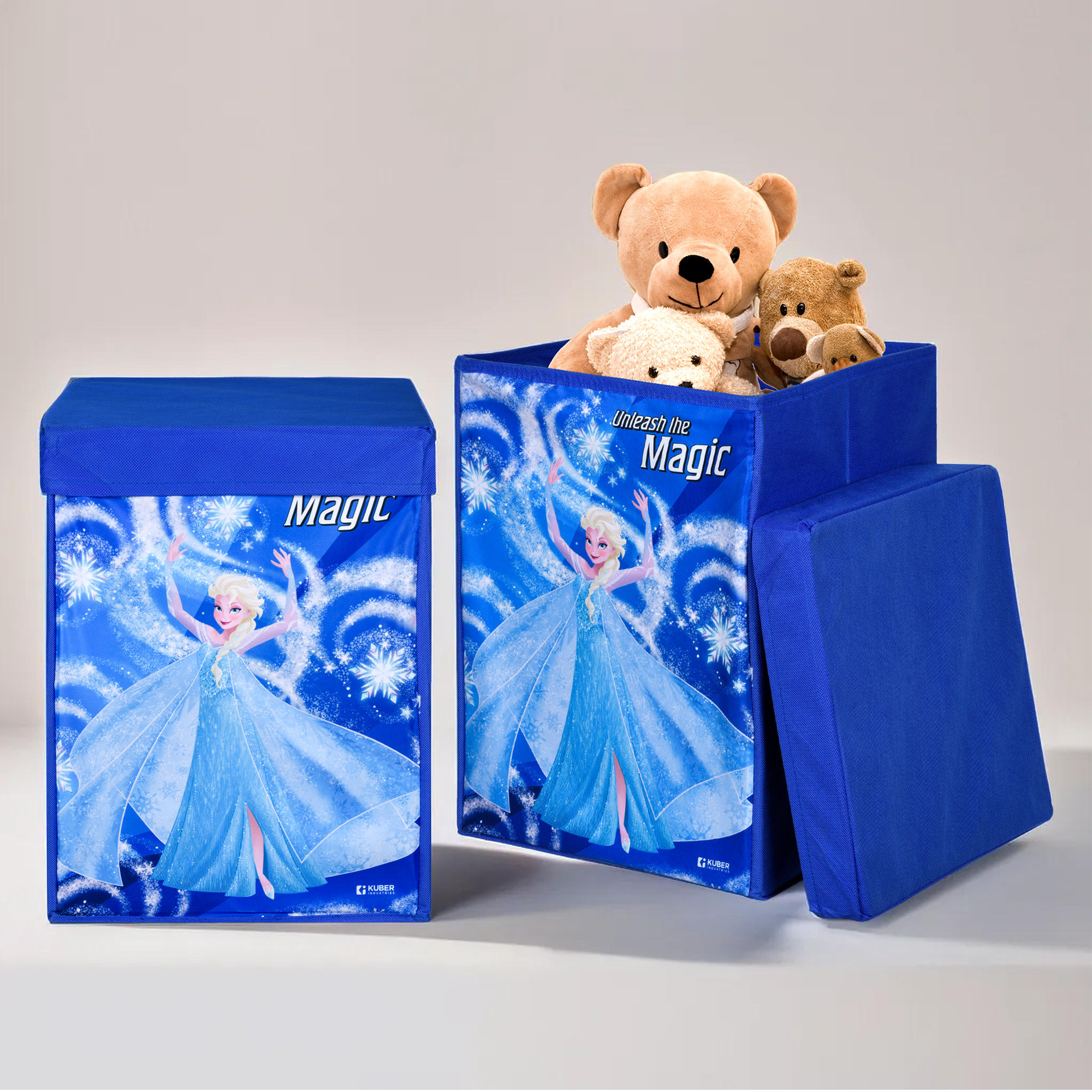 Kuber Industries Toy Storage Box | Laundry Basket for Toys | Folding Laundry Basket | Clothes Hamper with Lid & Handles | Storage Basket for Bathroom | Disney Frozen | 60 LTR | Navy Blue