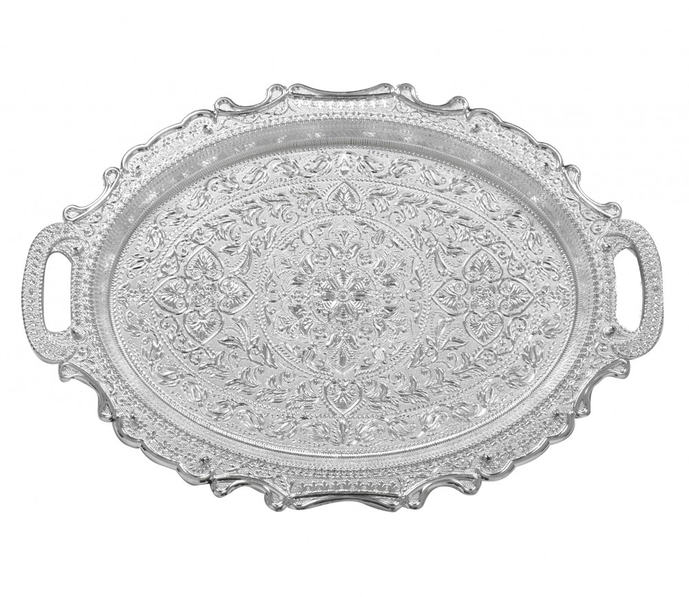 Kuber Industries Traditional Design Plastic Serving Tray For Home, Office, Restaurant, Hotel (Silver)