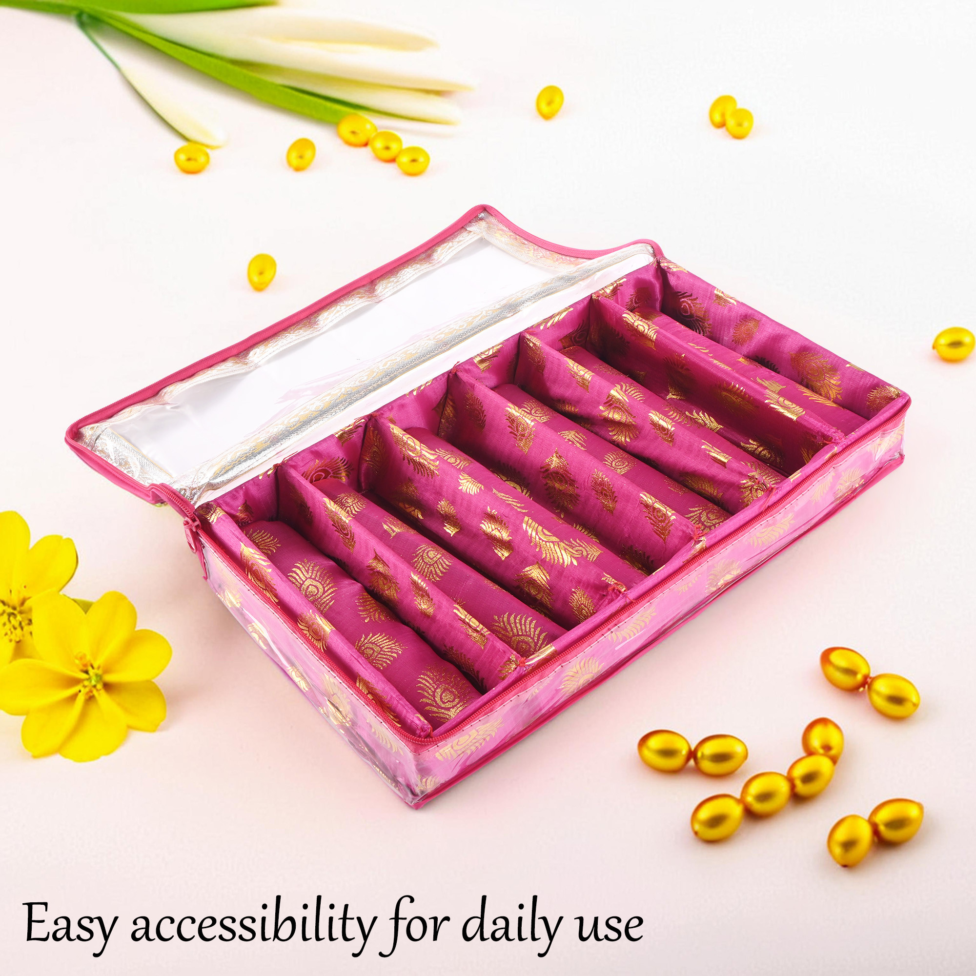 Kuber Industries Transparent 6 - Rod Removable Bangles Organisers Storage Box with Zip  Wedding Jewellery Organizer Case  Bangle Box for Women with Mirror  Mor Pankh Print -Pink