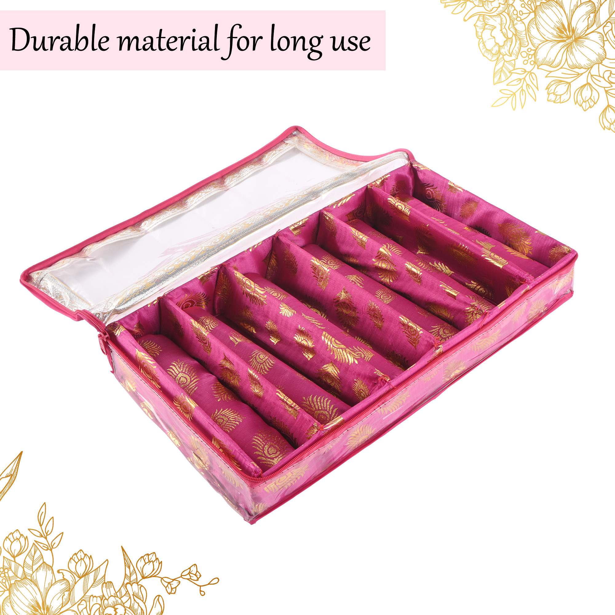 Kuber Industries Transparent 6 - Rod Removable Bangles Organisers Storage Box with Zip  Wedding Jewellery Organizer Case  Bangle Box for Women with Mirror  Mor Pankh Print -Pink