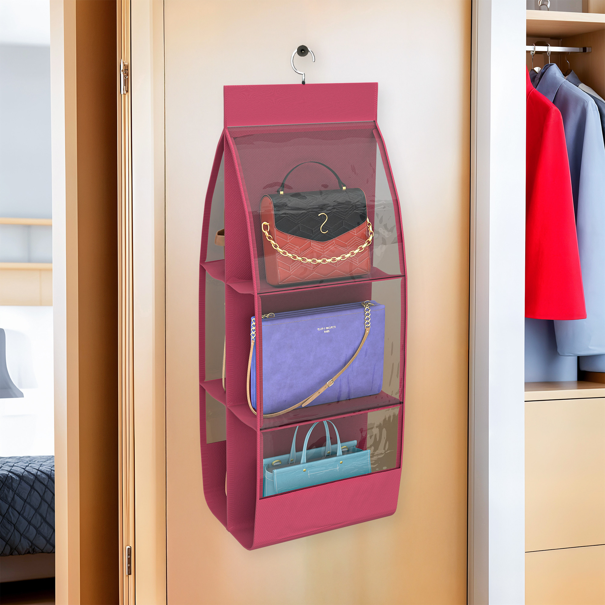 Kuber Industries Transparent Non-Woven Hanging Purse Organiser for Wardrobe with 6 Large Pockets  Space Saving  Dustproof Bags Organizer for Ladies Handbags  Pink