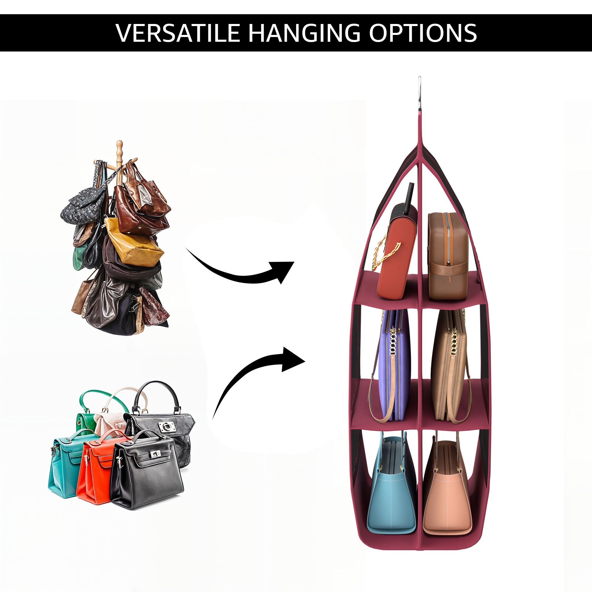 Kuber Industries Transparent Non-Woven Hanging Purse Organiser for Wardrobe with 6 Large Pockets  Space Saving  Dustproof Bags Organizer for Ladies Handbags  Pink