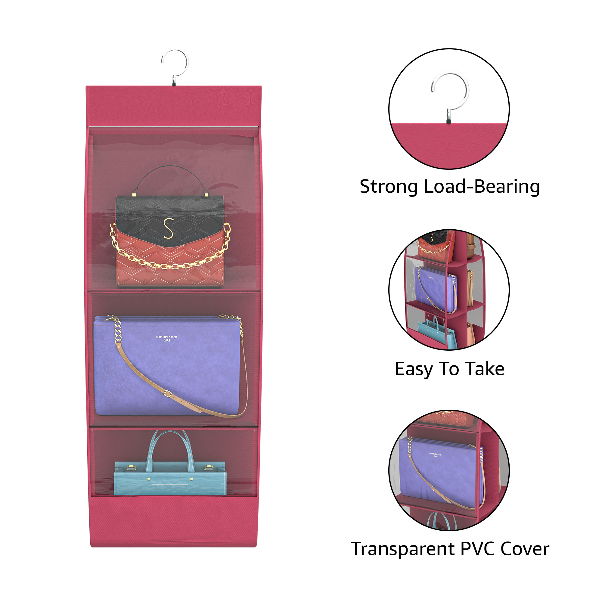 Kuber Industries Transparent Non-Woven Hanging Purse Organiser for Wardrobe with 6 Large Pockets  Space Saving  Dustproof Bags Organizer for Ladies Handbags  Pink