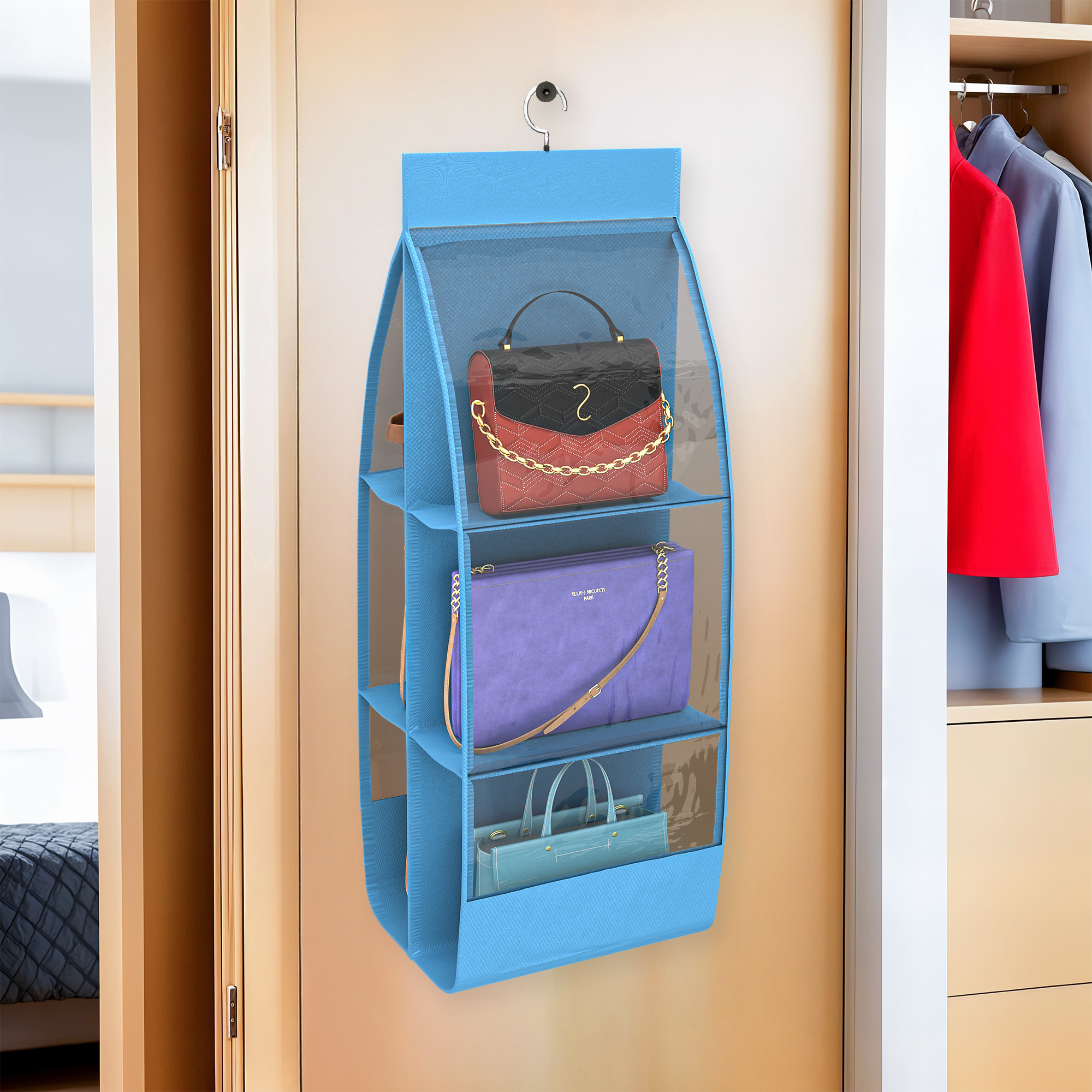 Kuber Industries Transparent Non-Woven Hanging Purse Organiser for Wardrobe with 6 Large Pockets  Space Saving  Dustproof Bags Organizer for Ladies Handbags  Sky Blue