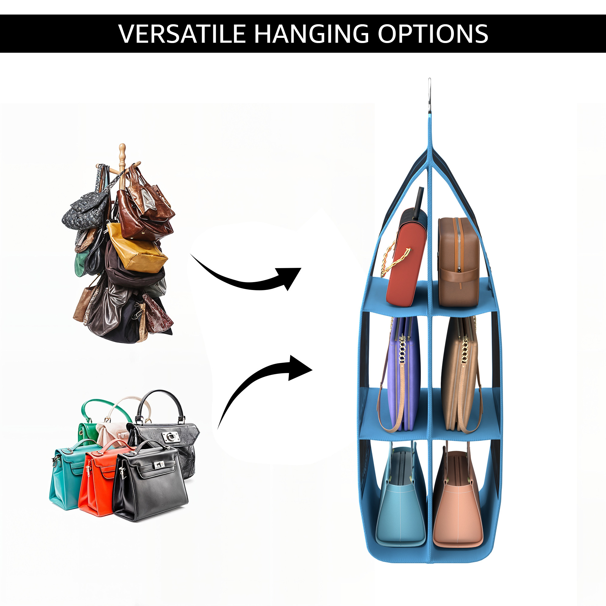 Kuber Industries Transparent Non-Woven Hanging Purse Organiser for Wardrobe with 6 Large Pockets  Space Saving  Dustproof Bags Organizer for Ladies Handbags  Sky Blue