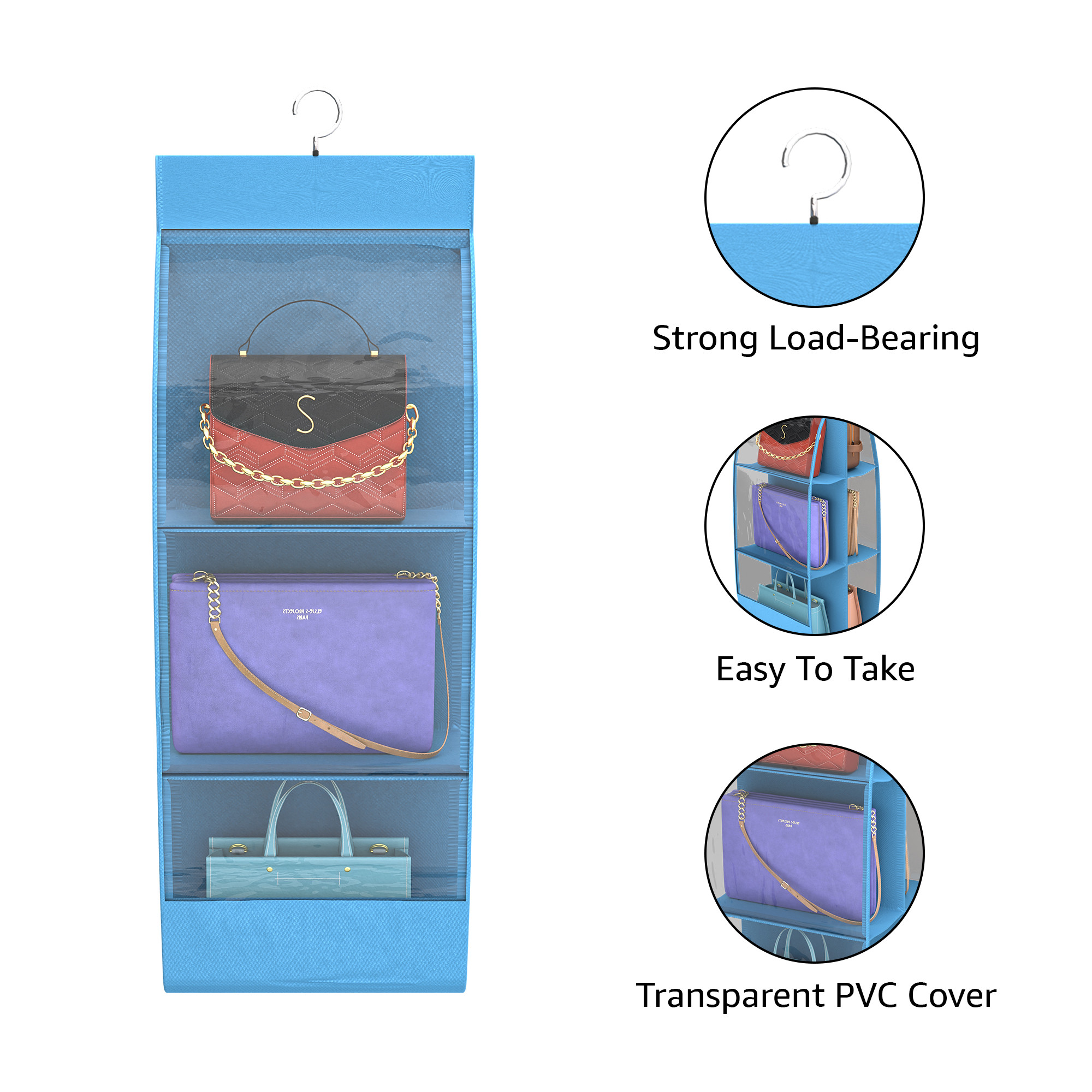 Kuber Industries Transparent Non-Woven Hanging Purse Organiser for Wardrobe with 6 Large Pockets  Space Saving  Dustproof Bags Organizer for Ladies Handbags  Sky Blue