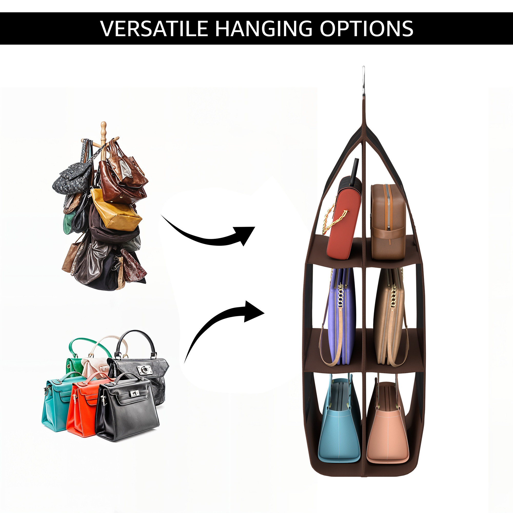 Kuber Industries Transparent Non-Woven Hanging Purse Organiser for Wardrobe with 6 Large Pockets  Space Saving  Dustproof Bags Organizer for Ladies Handbags  Brown