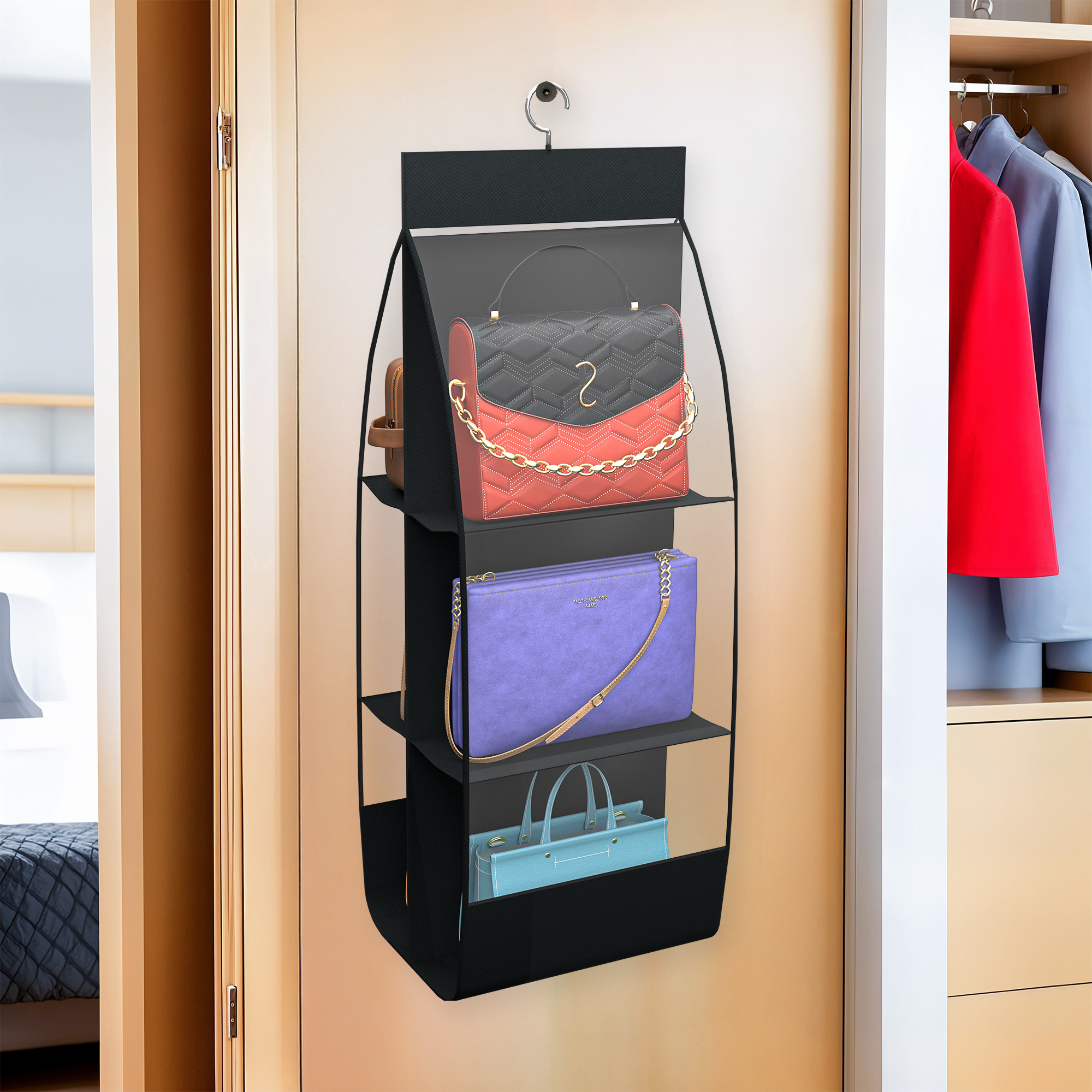 Kuber Industries Transparent Non-Woven Hanging Purse Organiser for Wardrobe with 6 Large Pockets  Space Saving  Dustproof Bags Organizer for Ladies Handbags  Black