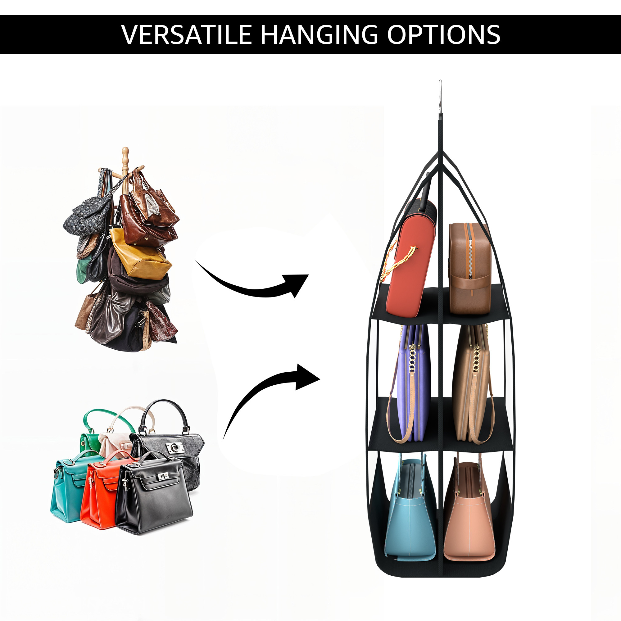 Kuber Industries Transparent Non-Woven Hanging Purse Organiser for Wardrobe with 6 Large Pockets  Space Saving  Dustproof Bags Organizer for Ladies Handbags  Black