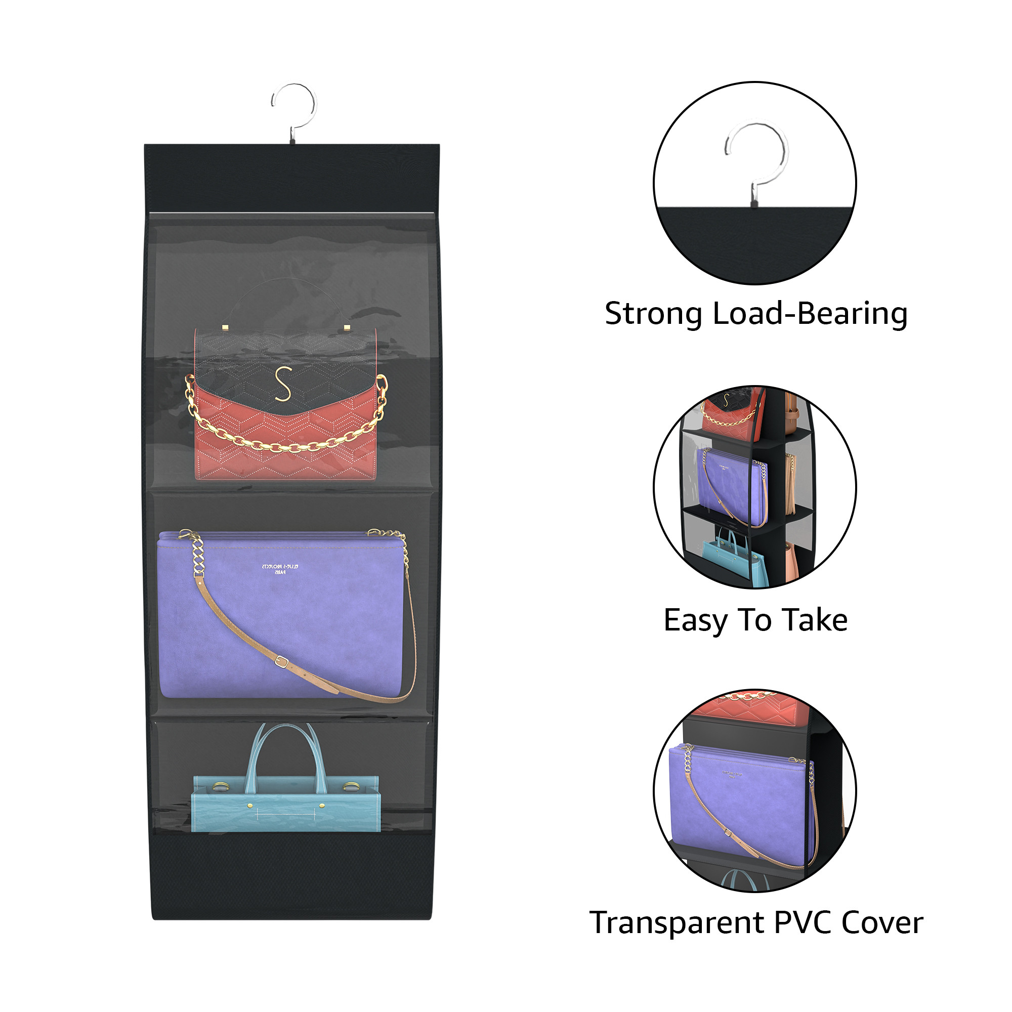 Kuber Industries Transparent Non-Woven Hanging Purse Organiser for Wardrobe with 6 Large Pockets  Space Saving  Dustproof Bags Organizer for Ladies Handbags  Black