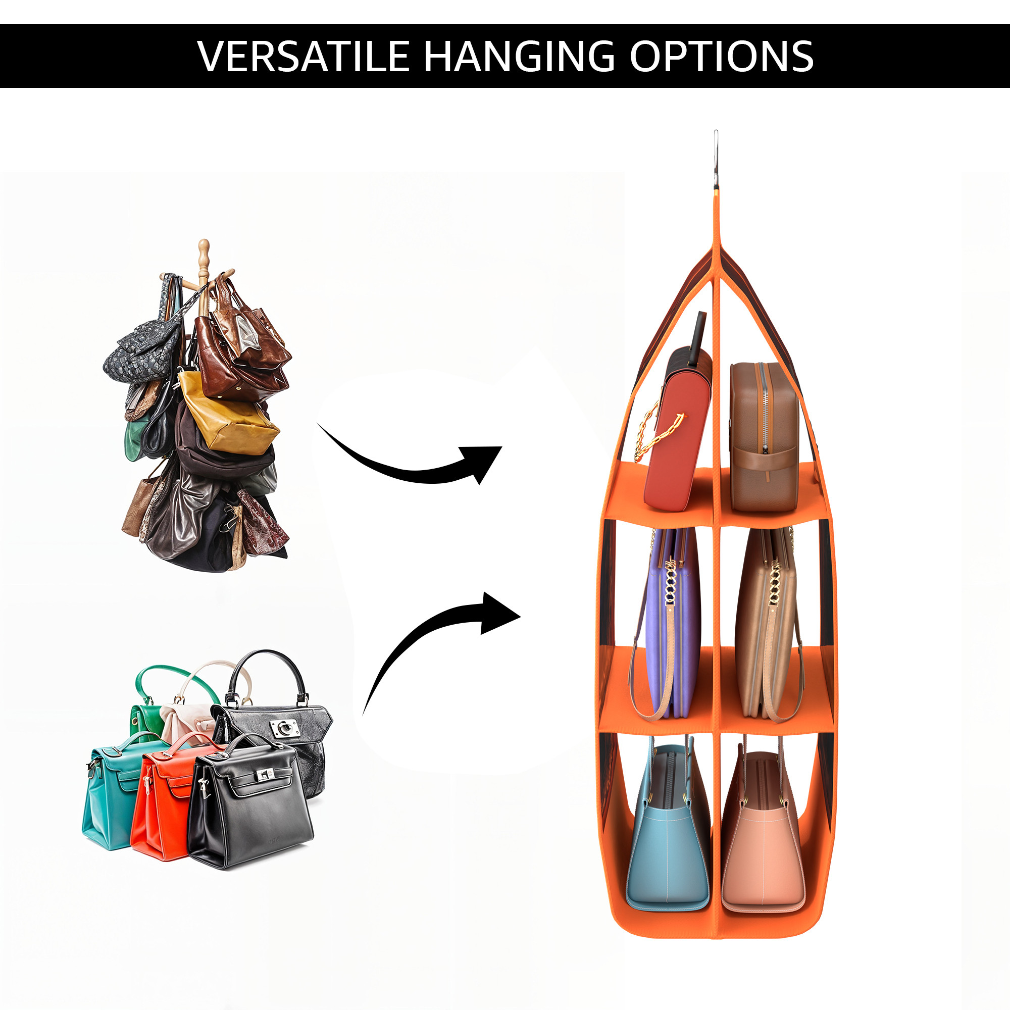 Kuber Industries Transparent Non-Woven Hanging Purse Organiser for Wardrobe with 6 Large Pockets  Space Saving  Dustproof Bags Organizer for Ladies Handbags  Orange