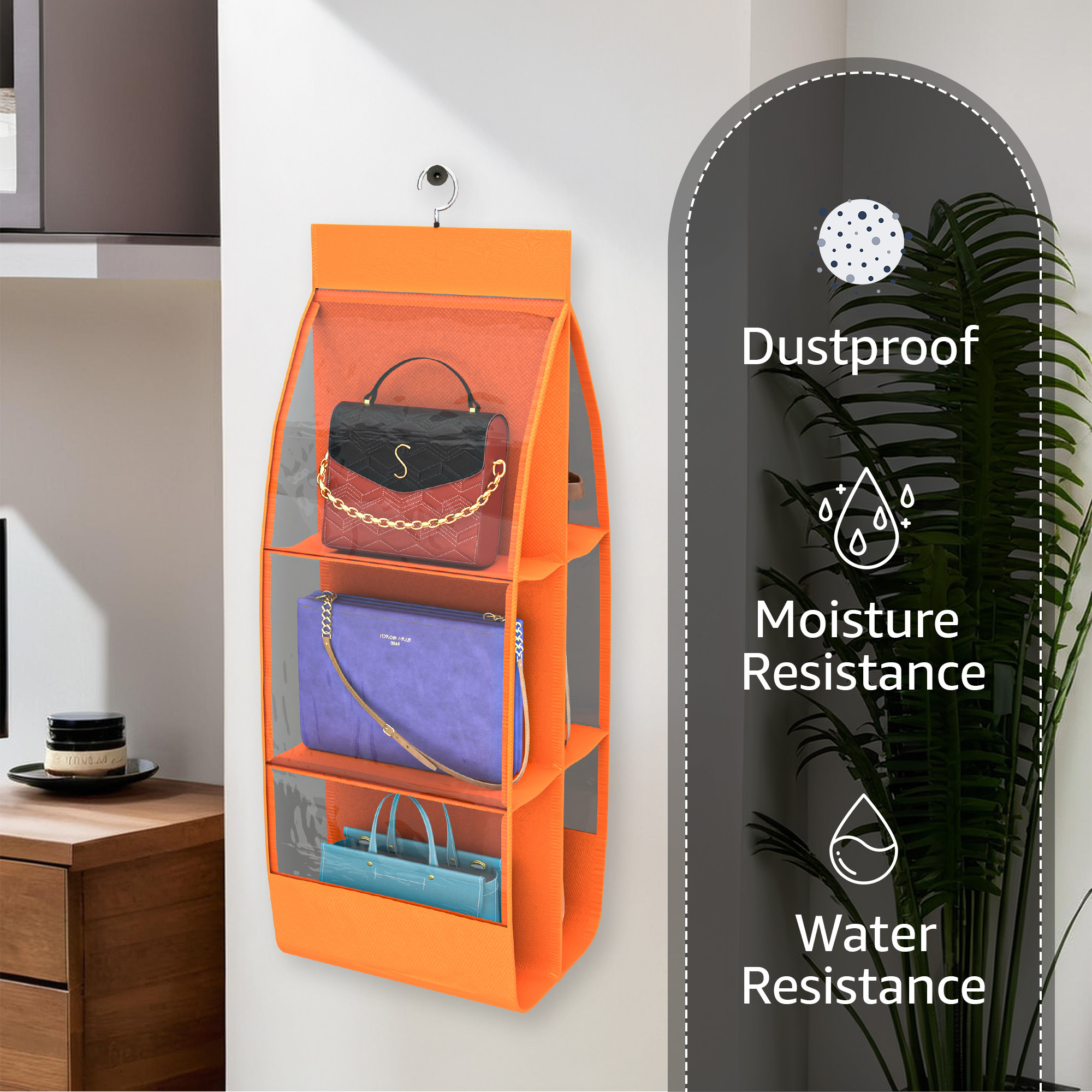 Kuber Industries Transparent Non-Woven Hanging Purse Organiser for Wardrobe with 6 Large Pockets  Space Saving  Dustproof Bags Organizer for Ladies Handbags  Orange