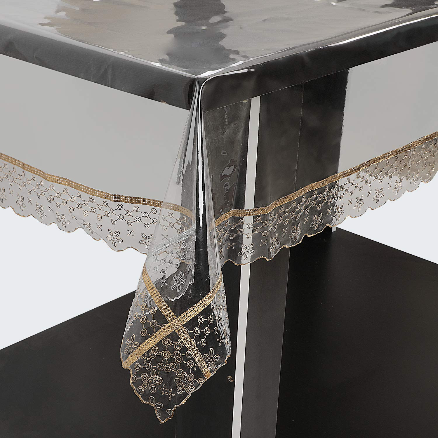 Kuber Industries Transparent Vinyl PVC Rectangle Table Cloth Protector Oil Spill Proof Wipe Clean Table Cover for Dining Table, Parties & Camping, 60 X 90 Inches (Gold)