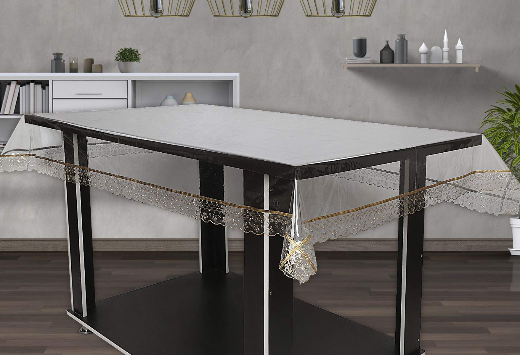Kuber Industries Transparent Vinyl PVC Rectangle Table Cloth Protector Oil Spill Proof Wipe Clean Table Cover for Dining Table, Parties & Camping, 60 X 90 Inches (Gold)