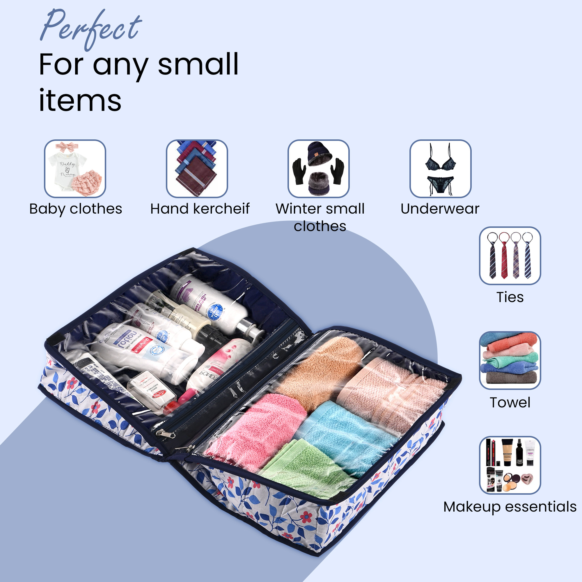 Kuber Industries Travel Kit For Toiletries  Bathroom Toiletry Organiser  Vanity Storage BagPouch For Women  Floral Print - White  Blue