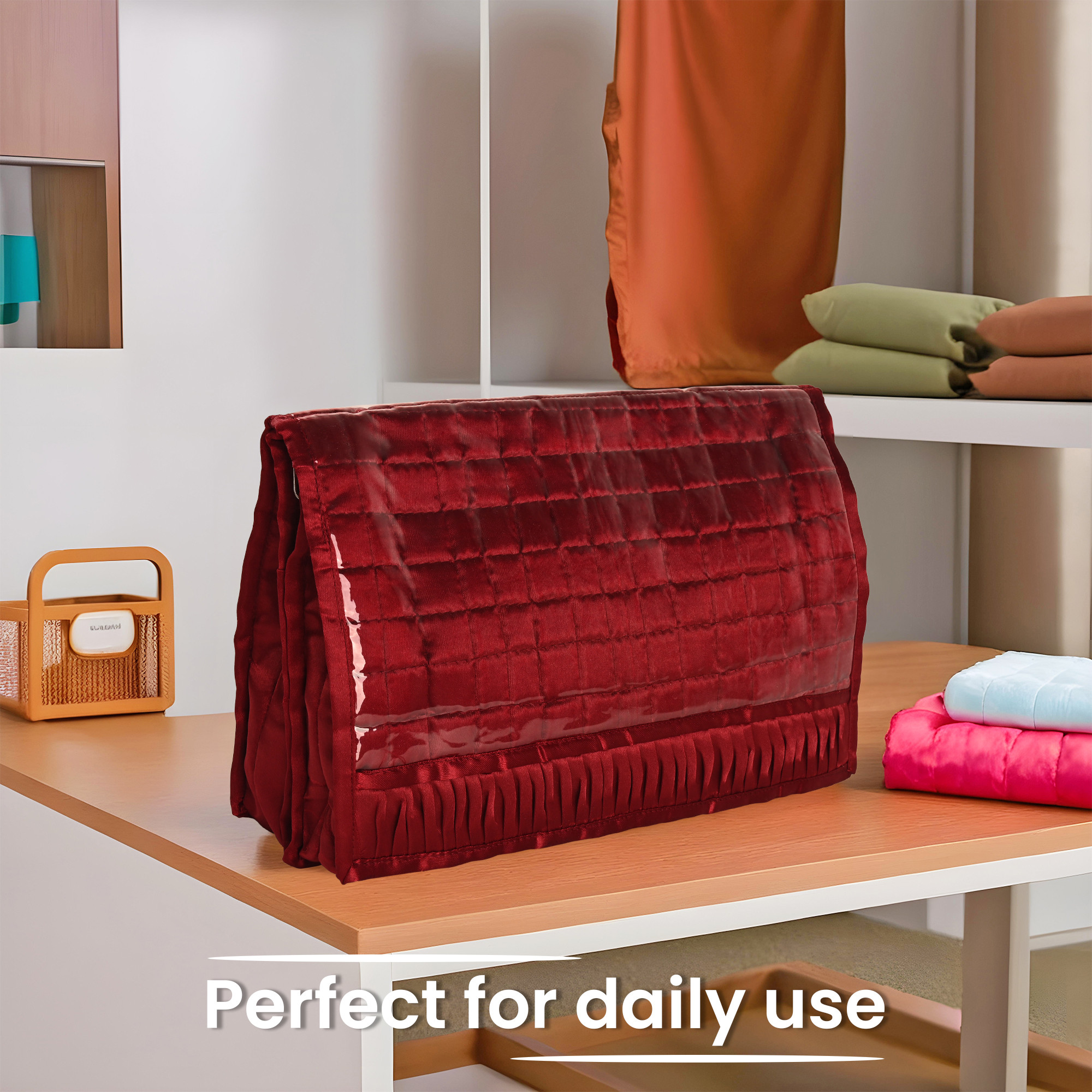 Kuber Industries Travel Kit For Toiletries  Bathroom Toiletry Organiser  Vanity Storage BagPouch For Women  Satin Frill - Maroon