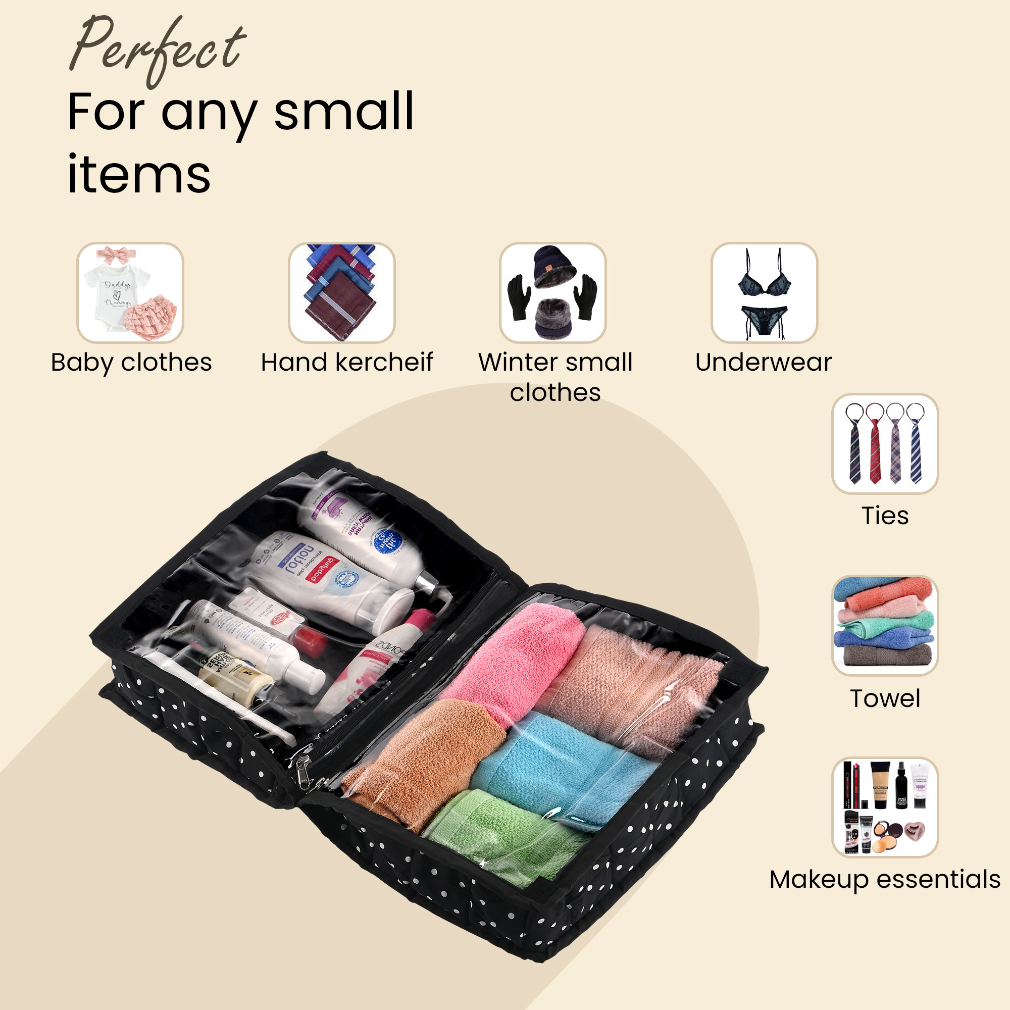 Kuber Industries Travel Kit For Toiletries  Polka Dots Bathroom Toiletry Organiser  Vanity Storage BagPouch For Women  Black
