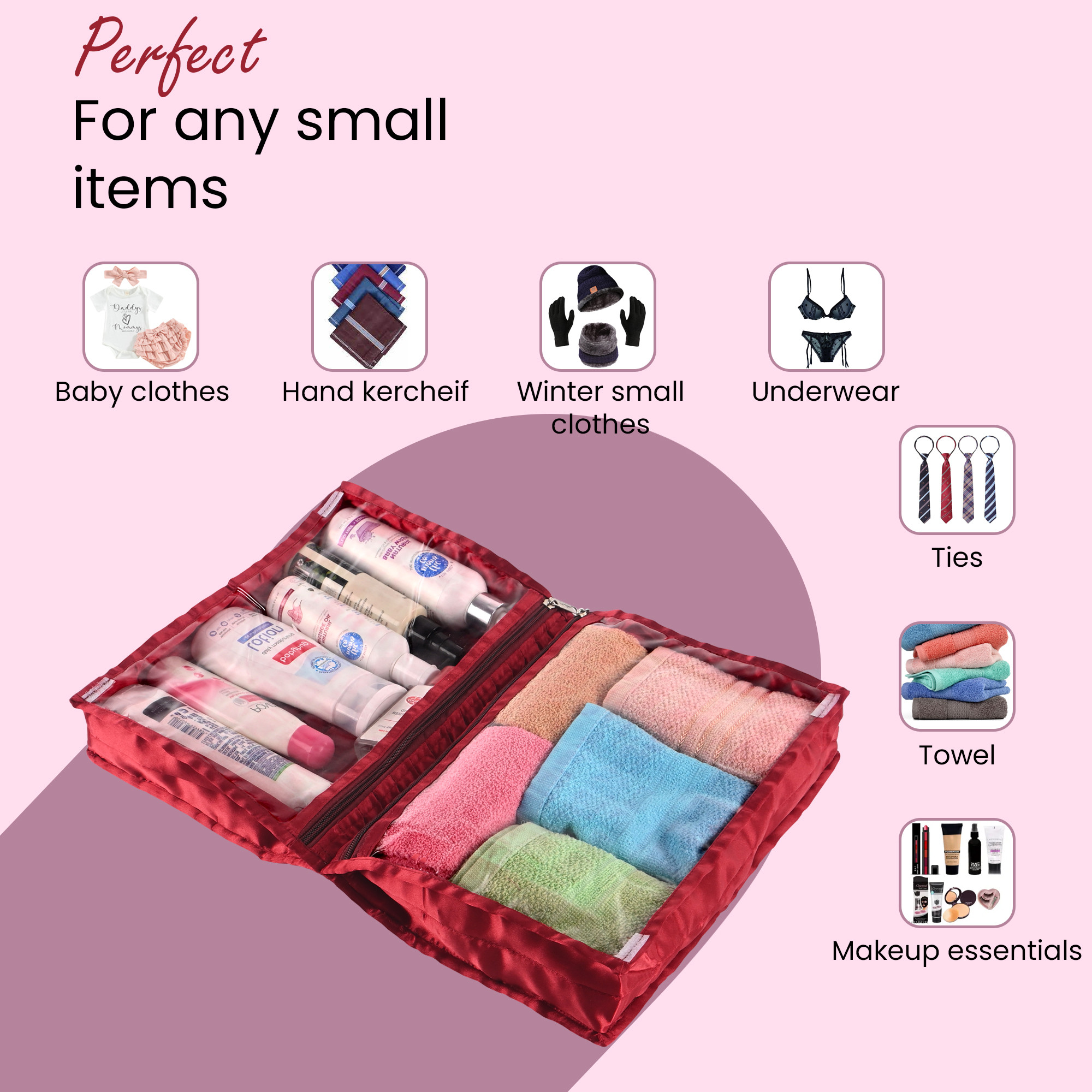 Kuber Industries Travel Kit For Toiletries  Satin Frill Bathroom Toiletry Organiser  Vanity Storage BagPouch For Women  Maroon