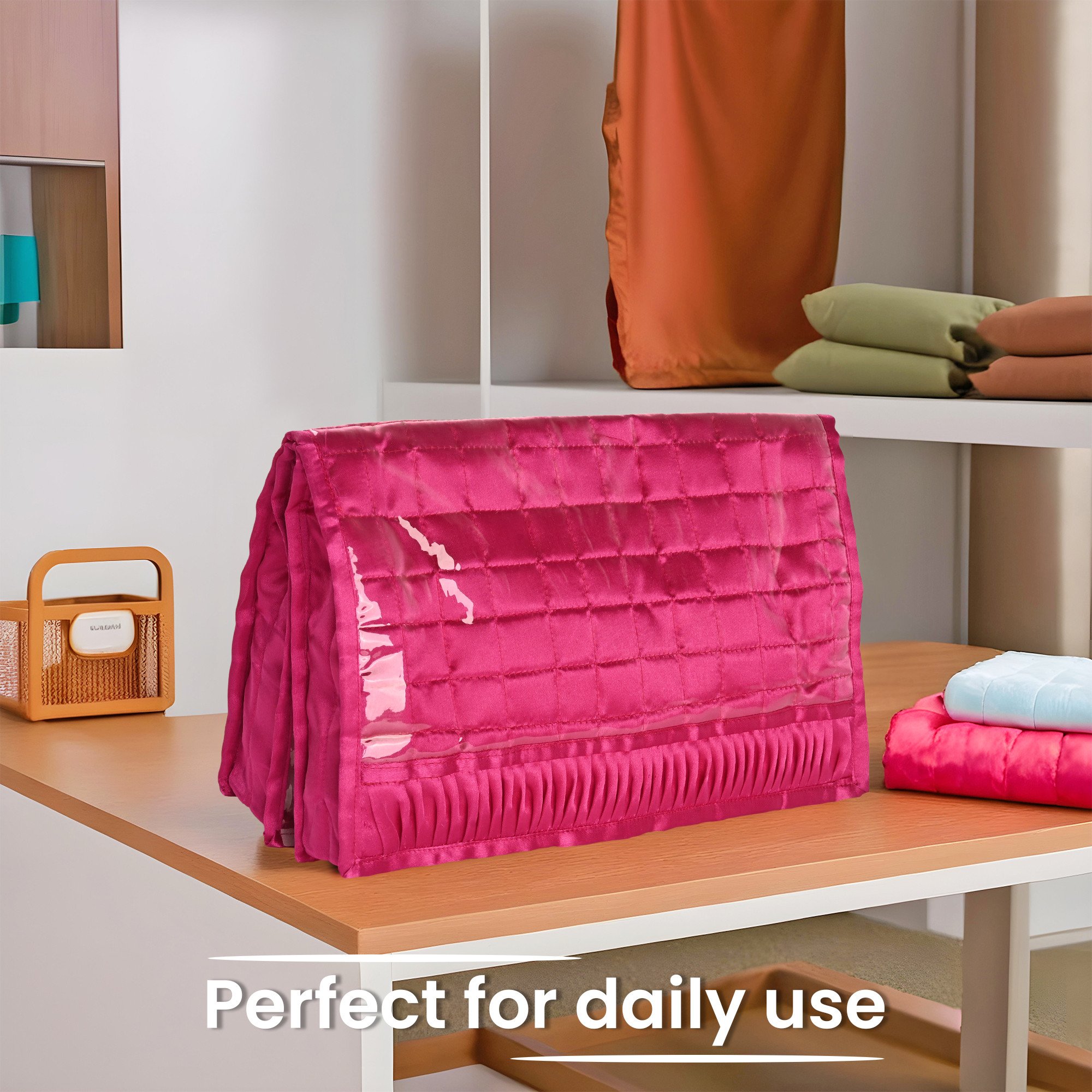 Kuber Industries Travel Kit For Toiletries  Satin Frill Bathroom Toiletry Organiser  Vanity Storage BagPouch For Women  Pink