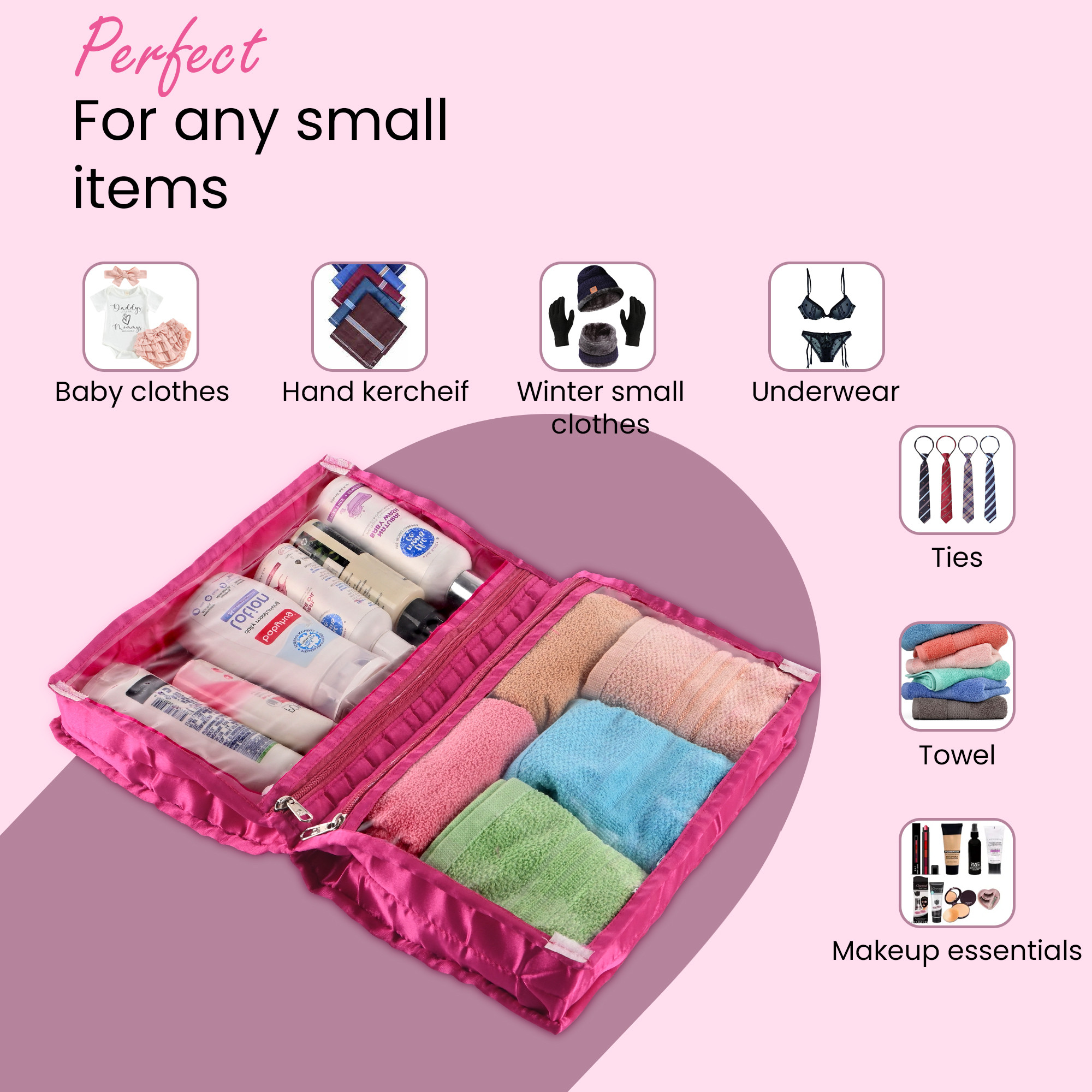 Kuber Industries Travel Kit For Toiletries  Satin Frill Bathroom Toiletry Organiser  Vanity Storage BagPouch For Women  Pink