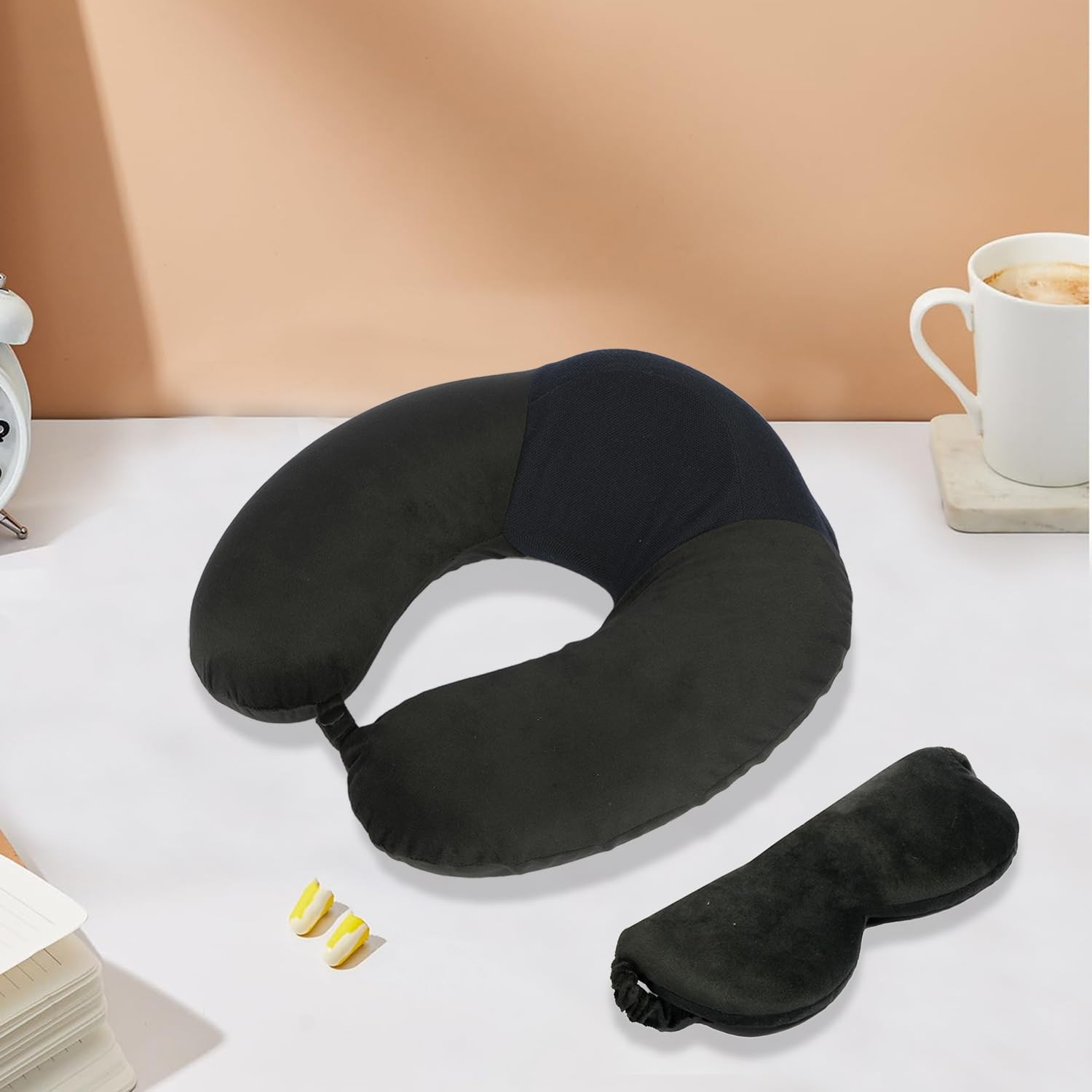 Kuber Industries Travel Neck Pillow With Sleeping Eye Mask|Neck Support Rest Pillow|Velvet Cover With Microfiber Fillling (Black)