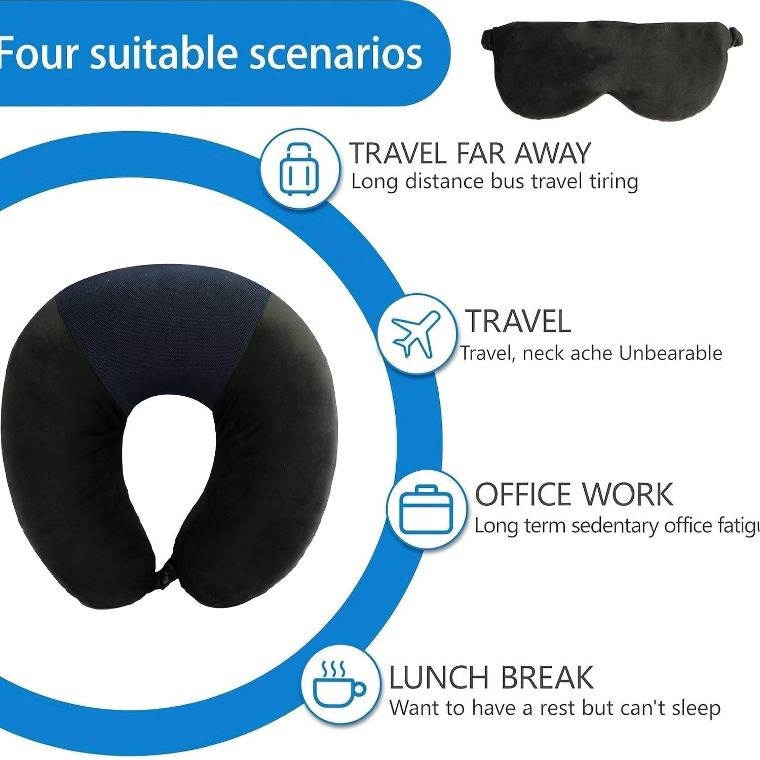 Kuber Industries Travel Neck Pillow With Sleeping Eye Mask|Neck Support Rest Pillow|Velvet Cover With Microfiber Fillling (Black)