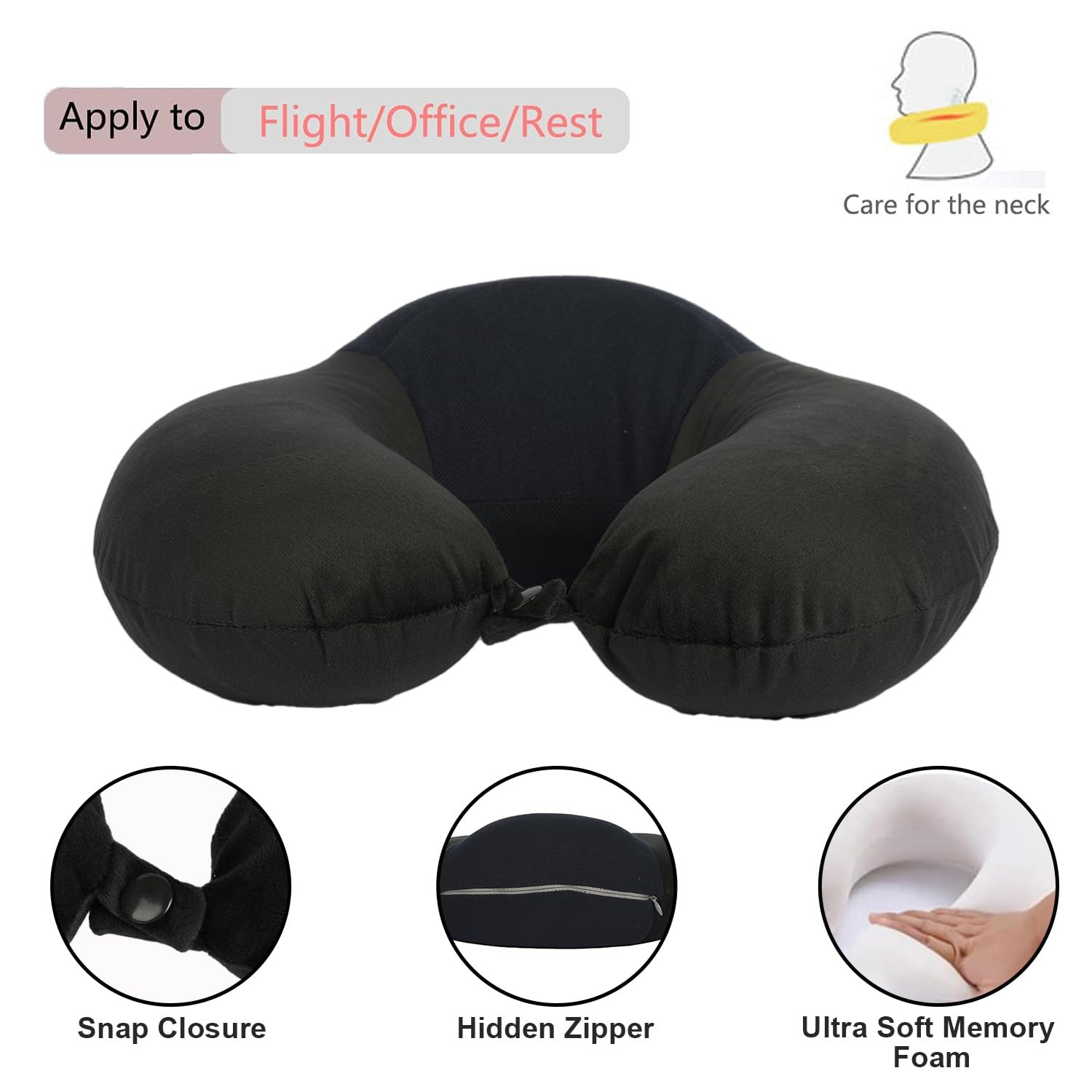 Kuber Industries Travel Neck Pillow With Sleeping Eye Mask|Neck Support Rest Pillow|Velvet Cover With Microfiber Fillling (Black)