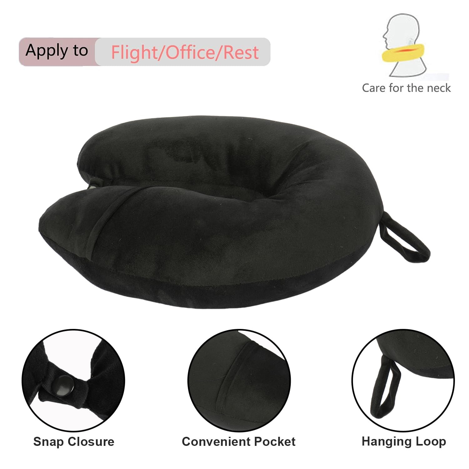 Kuber Industries Travel Neck Pillow|Neck Support Rest Pillow|Velvet Cover With Microfiber Fillling (Black)