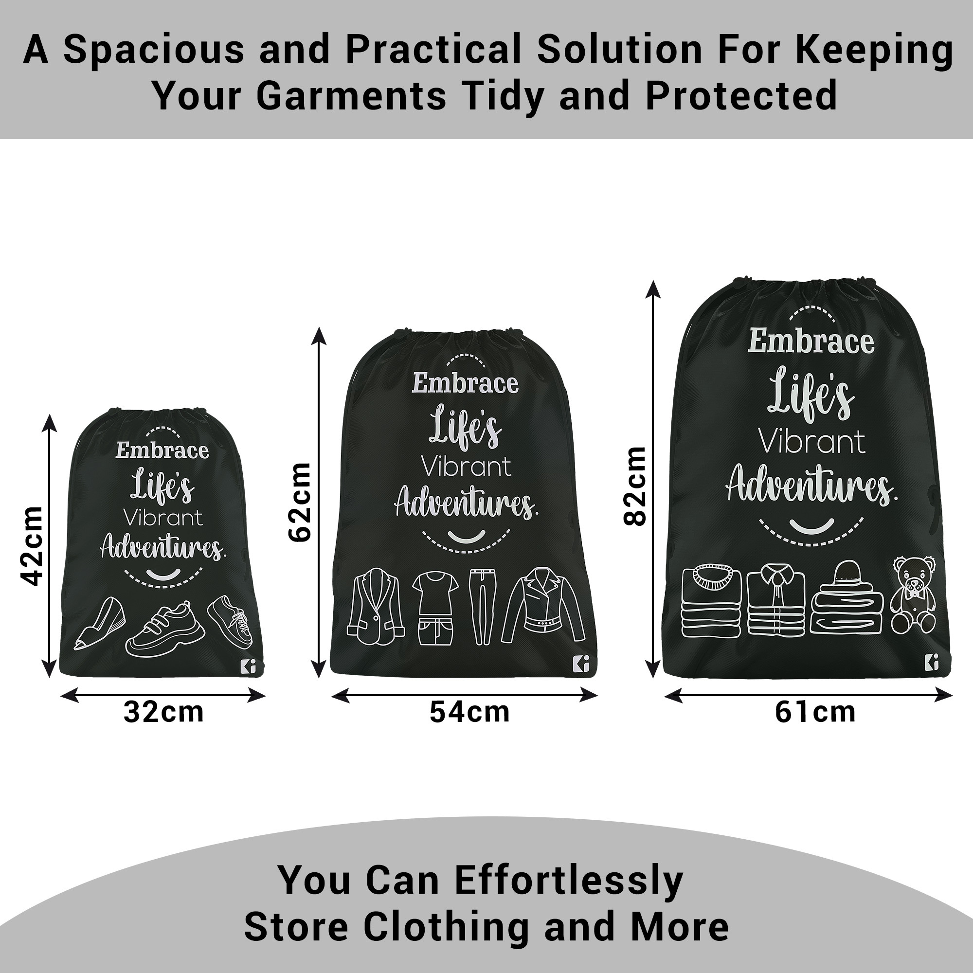 Kuber Industries Travel Organizer Combo Set | Storage Bags Set | Water-Resistant Organizer for Shoe-Garments-Laundry-Lingerie | Cloth Carrying Bag | Small-Medium-Large | Black
