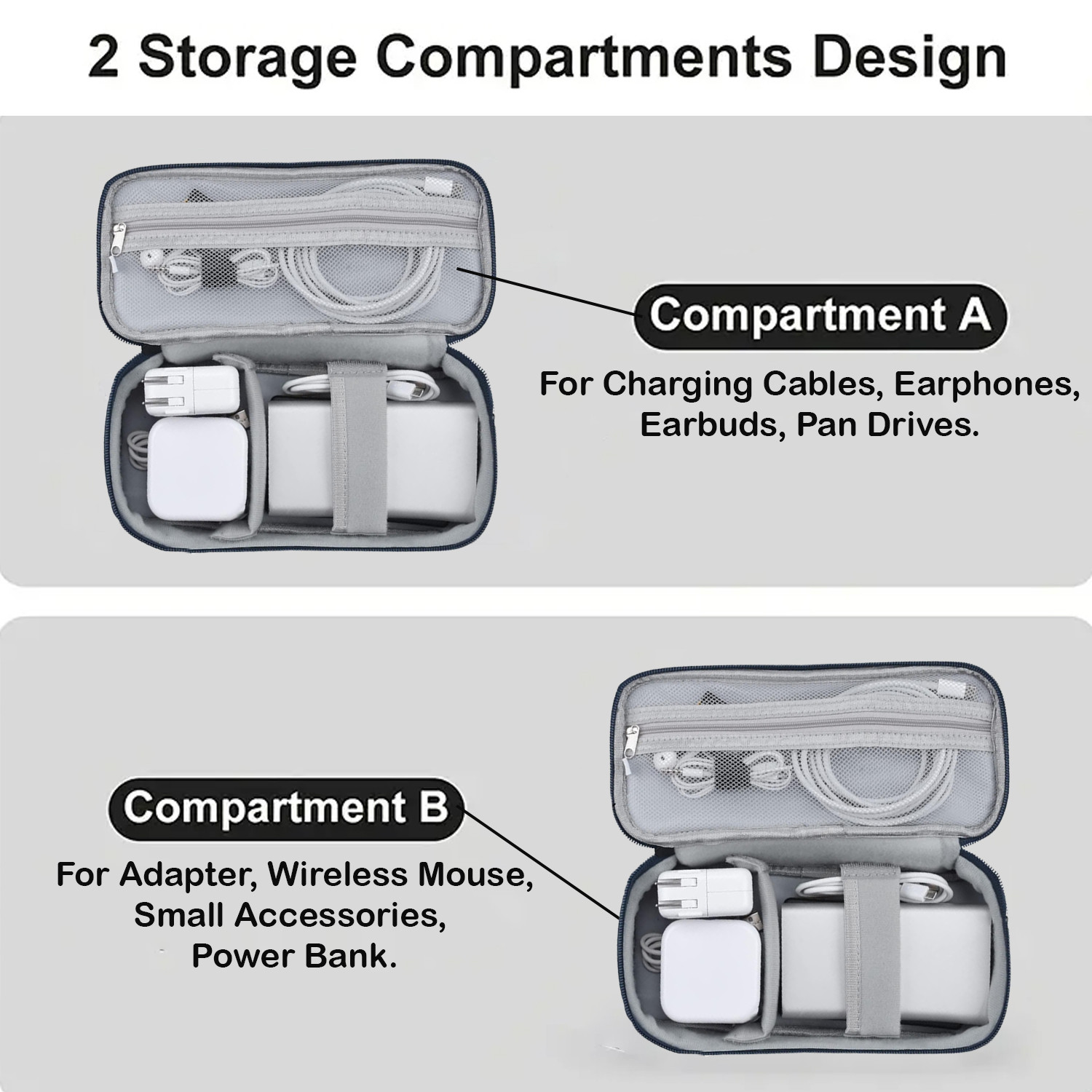 Kuber Industries Travel Organizer For Electronic Accessories|Multipurpose Pouch|Adapter, Cable, Gadget Organizer|Two Comparment With Zipper (Black)