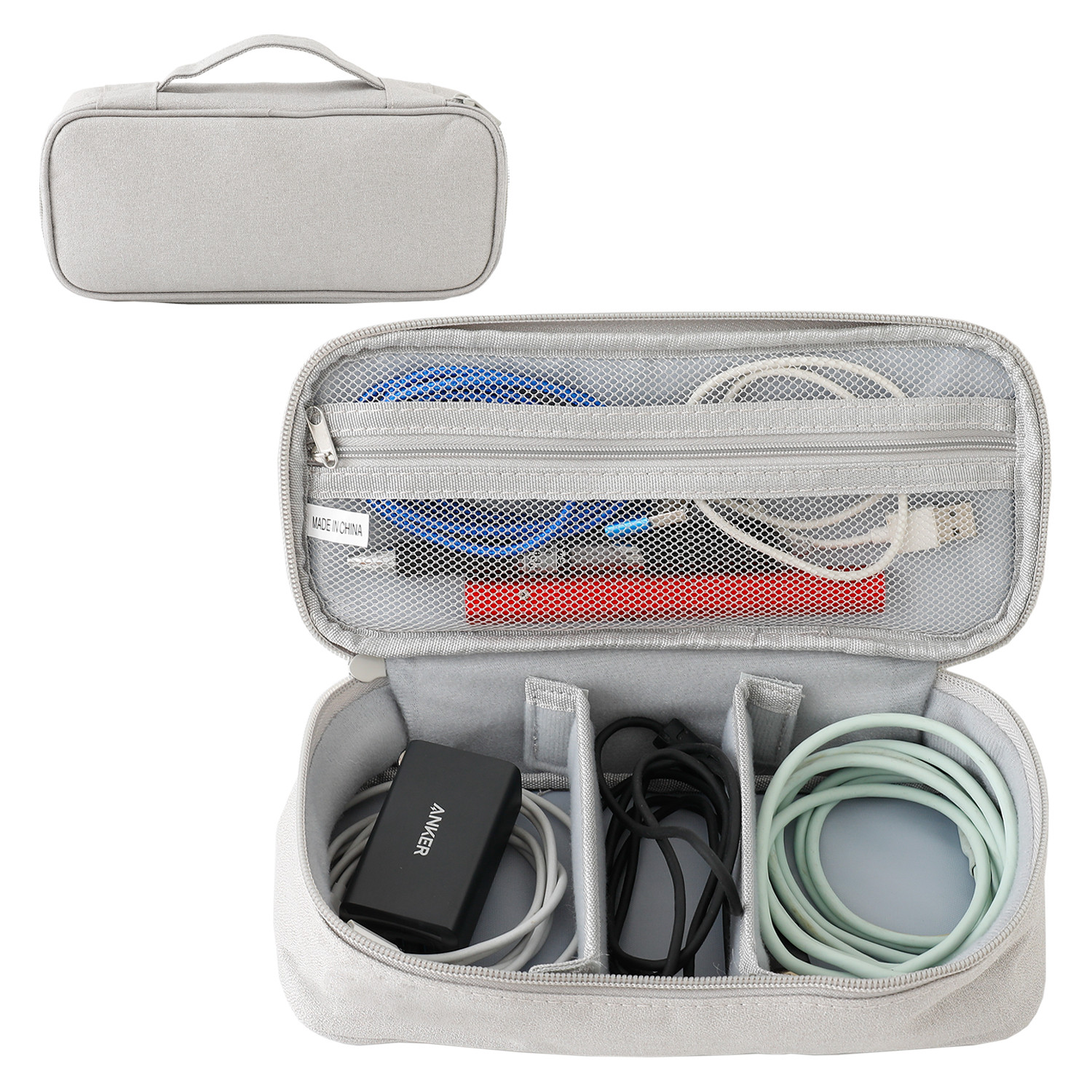 Kuber Industries Travel Organizer For Electronic Accessories|Multipurpose Pouch|Adapter, Cable, Gadget Organizer|Two Comparment With Zipper (Grey)
