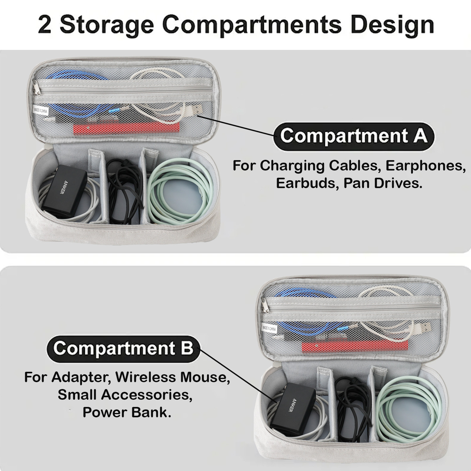 Kuber Industries Travel Organizer For Electronic Accessories|Multipurpose Pouch|Adapter, Cable, Gadget Organizer|Two Comparment With Zipper (Grey)