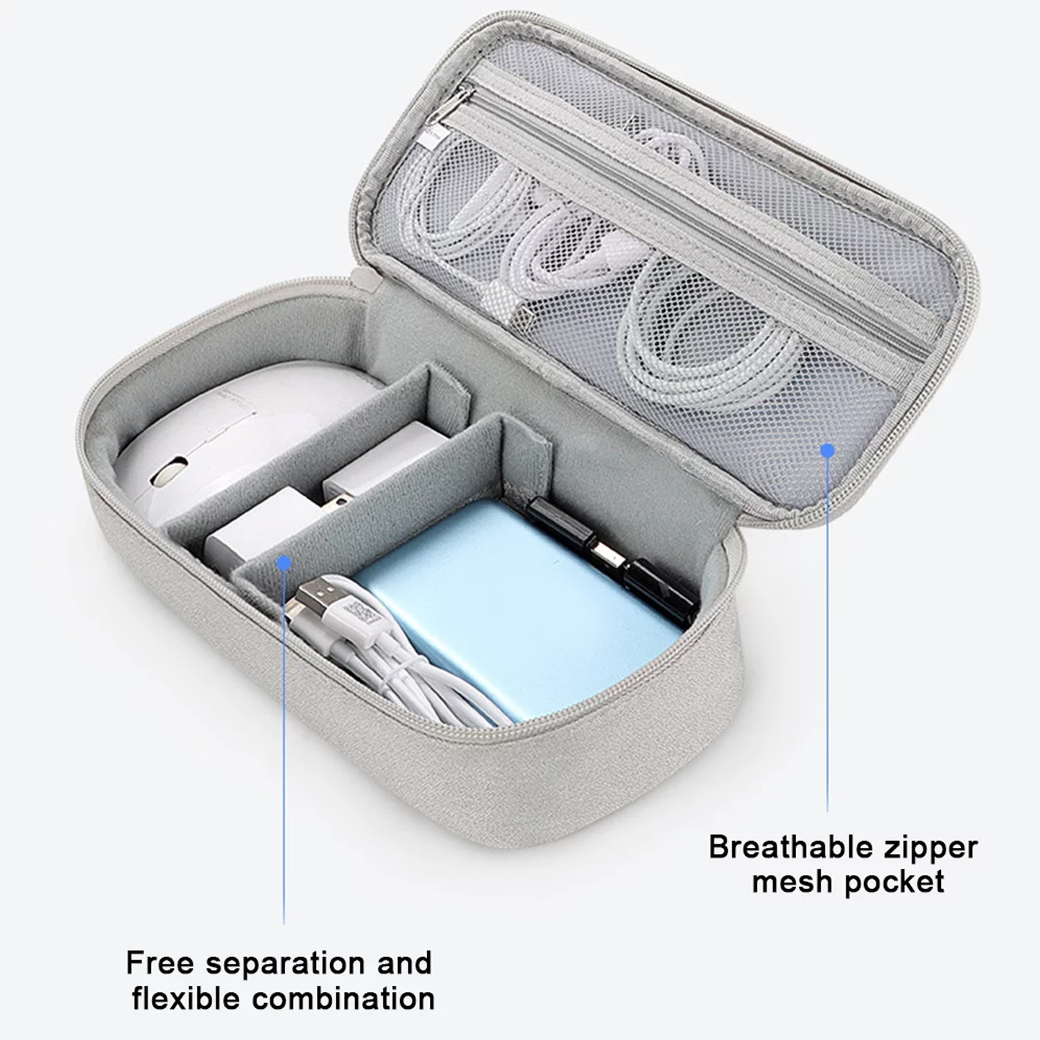Kuber Industries Travel Organizer For Electronic Accessories|Multipurpose Pouch|Adapter, Cable, Gadget Organizer|Two Comparment With Zipper (Grey)