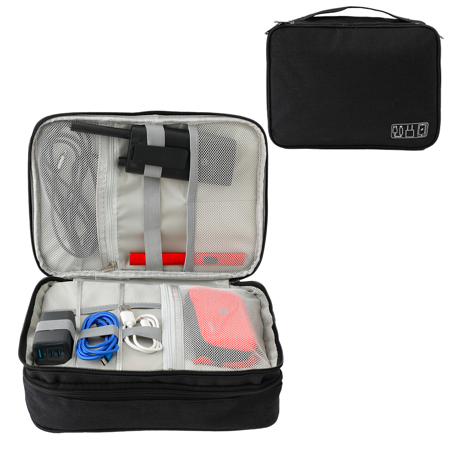 Kuber Industries Travel Organizer For Electronic Accessories|Multipurpose Pouch|Adapter, Cable, Gadget Organizer|Three Comparment With Zipper (Black)