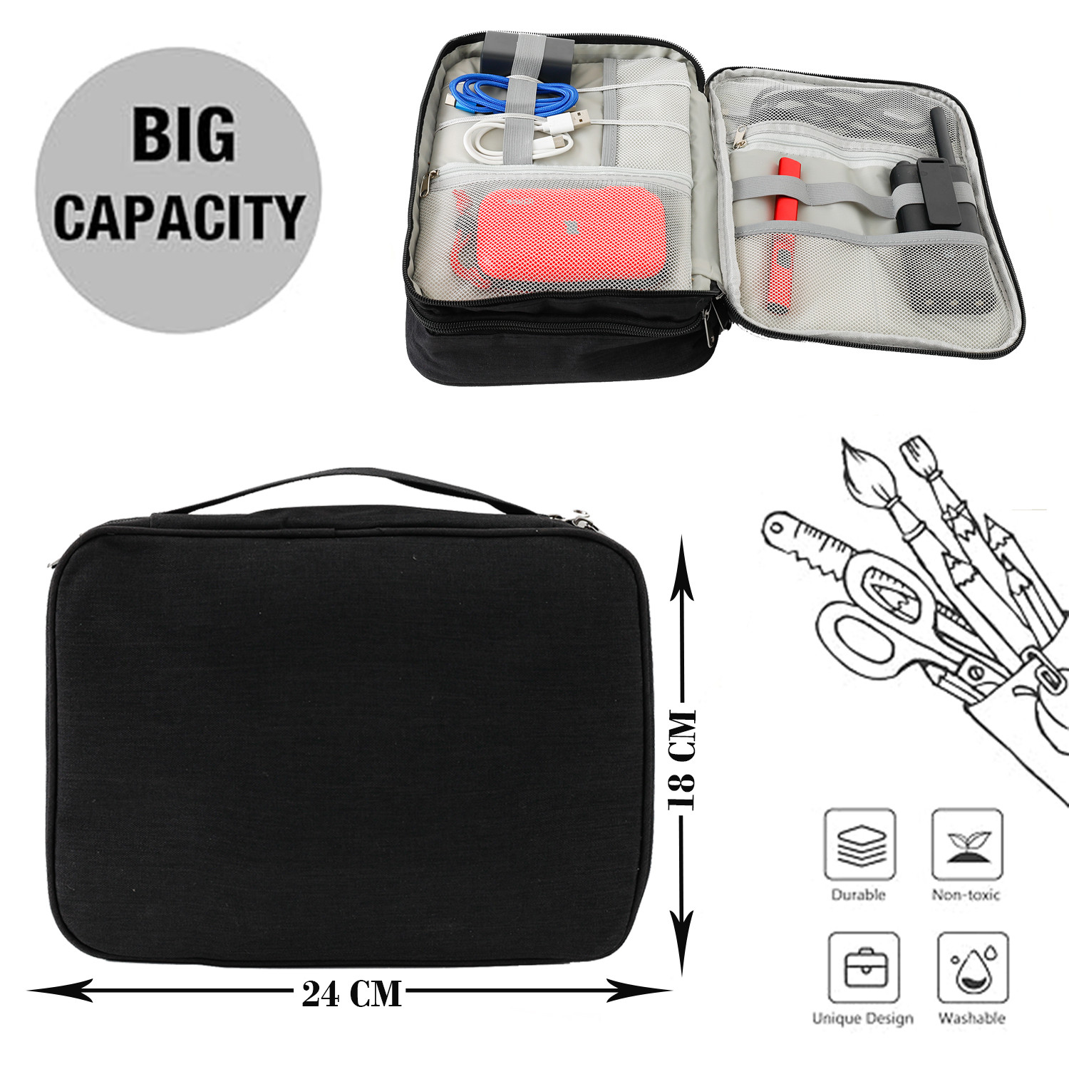 Kuber Industries Travel Organizer For Electronic Accessories|Multipurpose Pouch|Adapter, Cable, Gadget Organizer|Three Comparment With Zipper (Black)