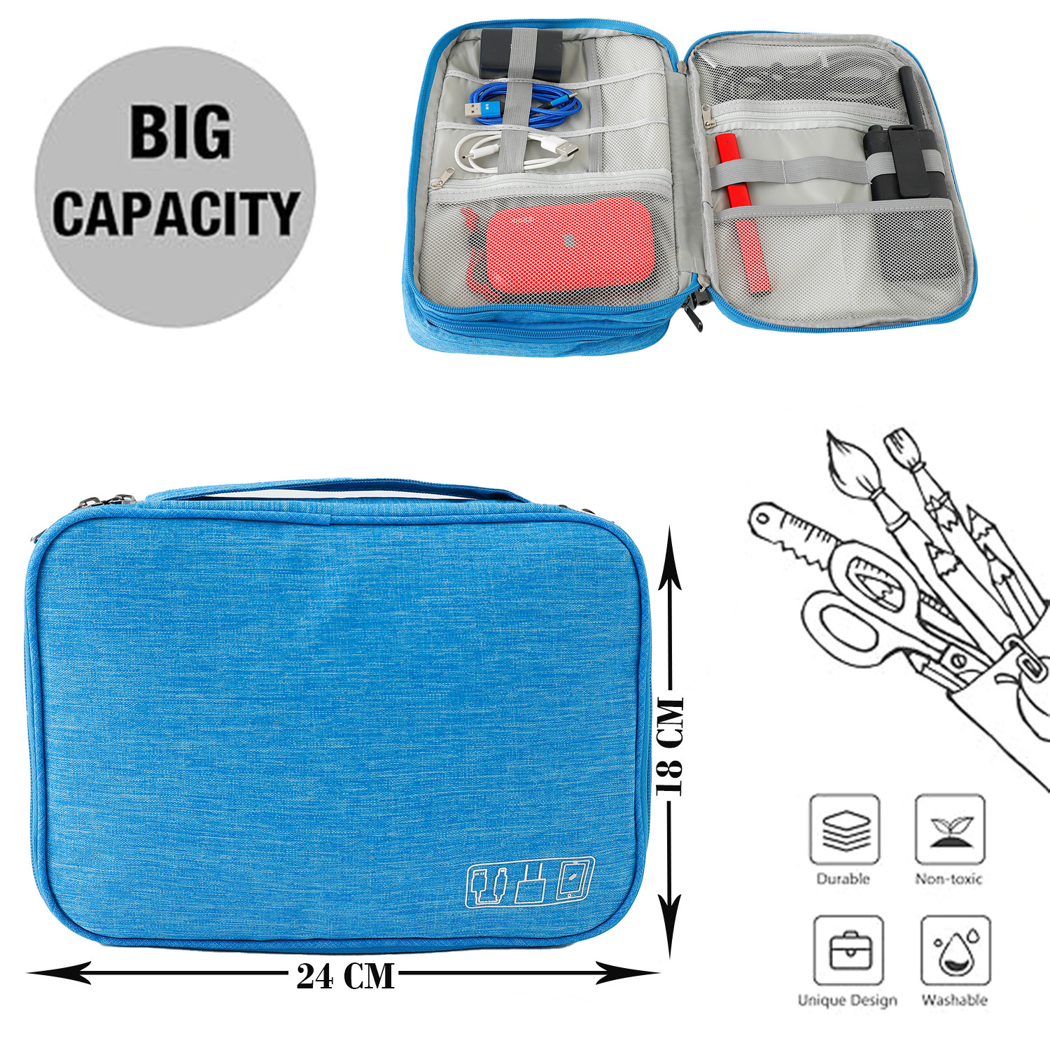 Kuber Industries Travel Organizer For Electronic Accessories|Multipurpose Pouch|Adapter, Cable, Gadget Organizer|Three Comparment With Zipper (Blue)