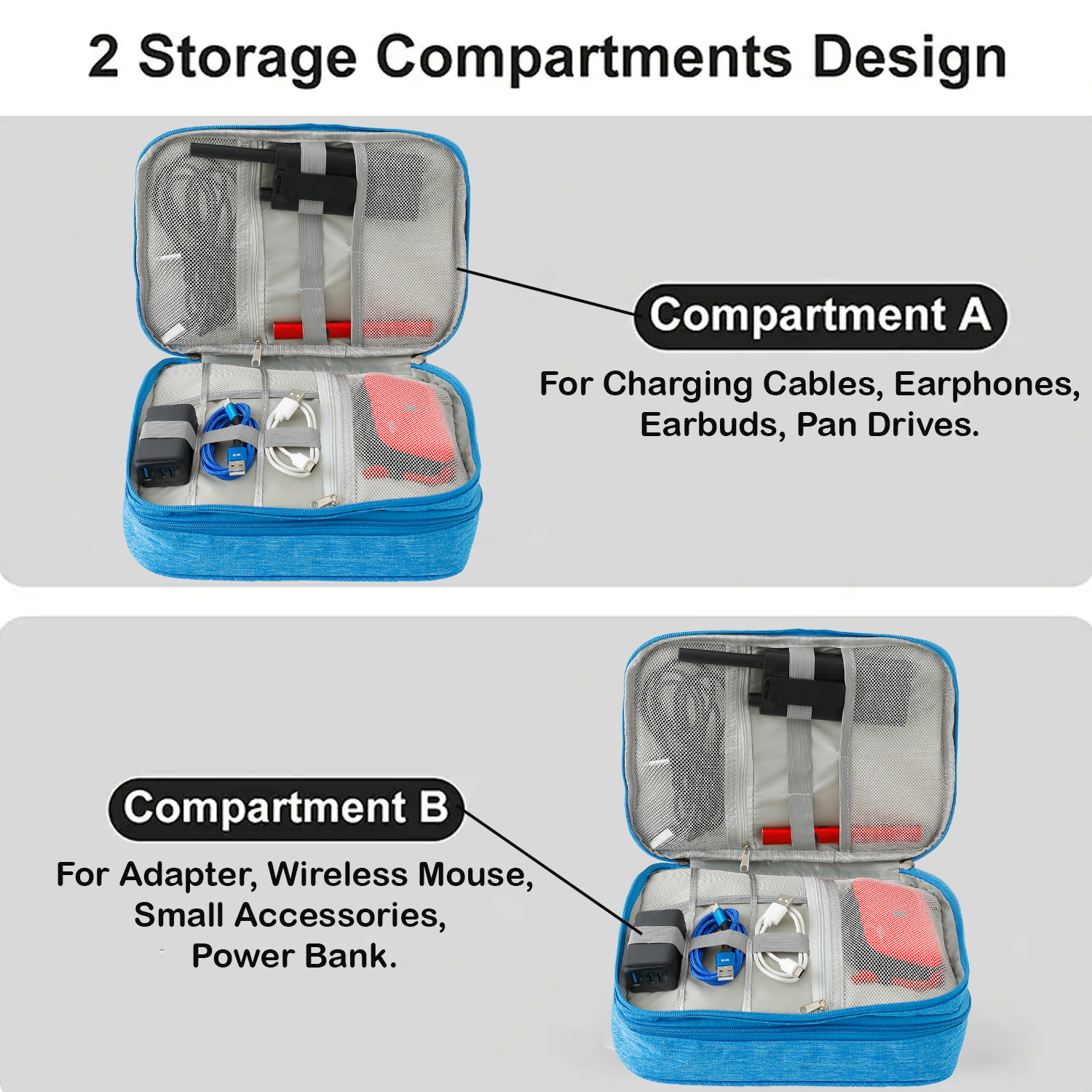 Kuber Industries Travel Organizer For Electronic Accessories|Multipurpose Pouch|Adapter, Cable, Gadget Organizer|Three Comparment With Zipper (Blue)