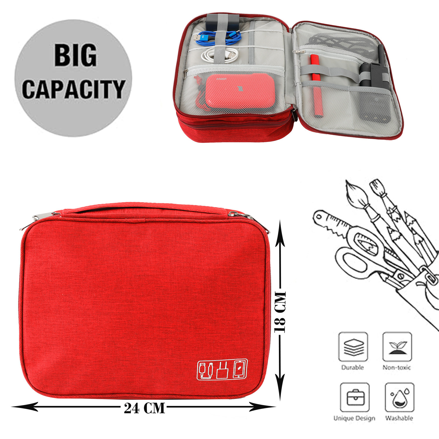 Kuber Industries Travel Organizer For Electronic Accessories|Multipurpose Pouch|Adapter, Cable, Gadget Organizer|Three Comparment With Zipper (Red)