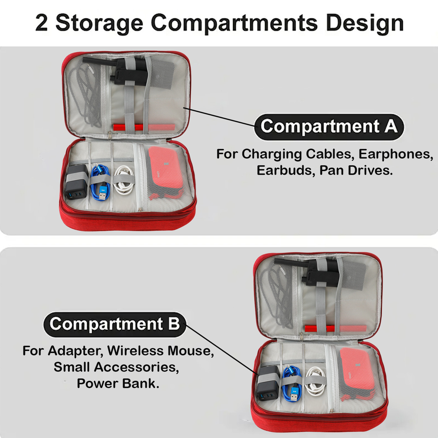 Kuber Industries Travel Organizer For Electronic Accessories|Multipurpose Pouch|Adapter, Cable, Gadget Organizer|Three Comparment With Zipper (Red)