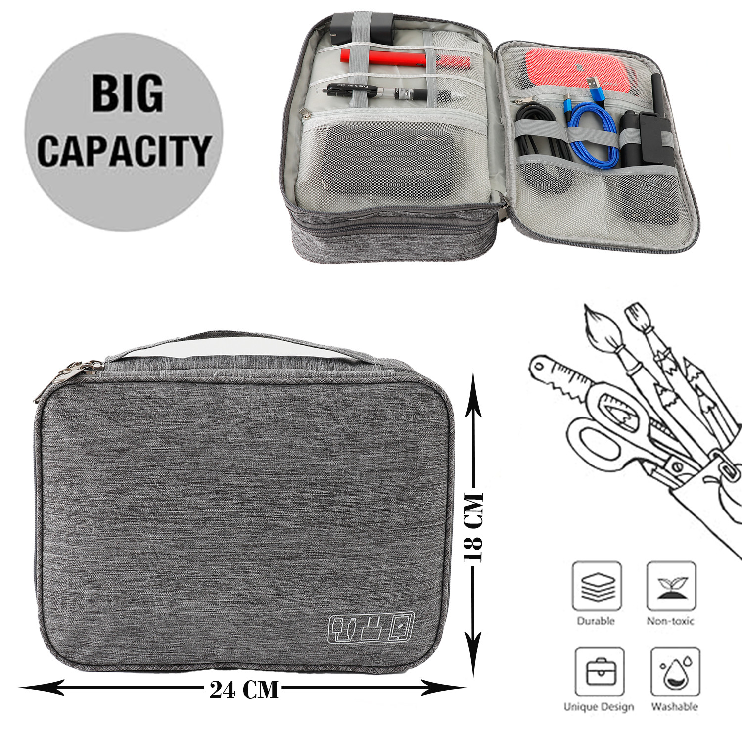 Kuber Industries Travel Organizer For Electronic Accessories|Multipurpose Pouch|Adapter, Cable, Gadget Organizer|Three Comparment With Zipper (Grey)