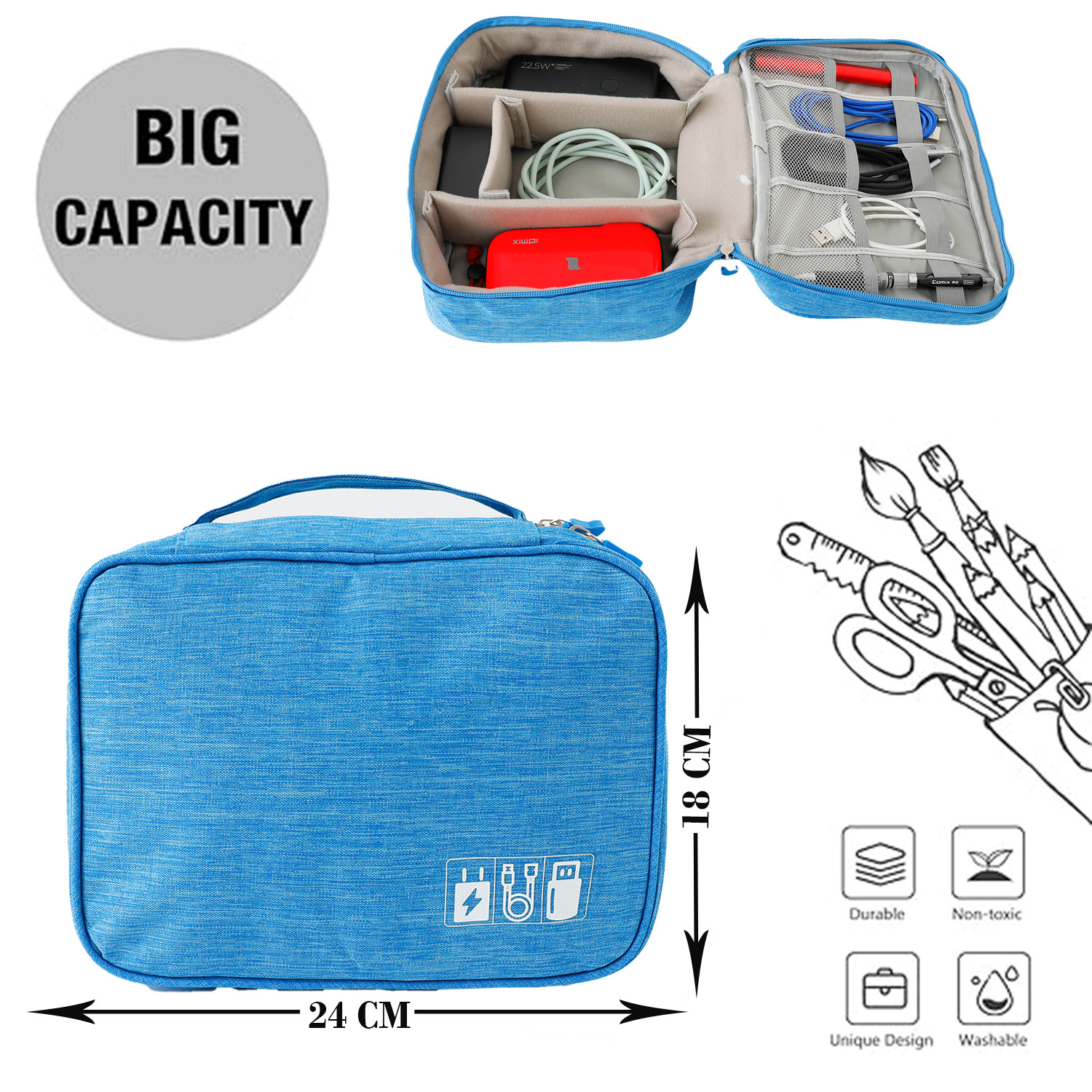 Kuber Industries Travel Organizer For Electronic Accessories|Multipurpose Pouch|Adapter, Cable, Gadget Organizer|Two Comparment With Zipper|Great For Traveling (Blue)