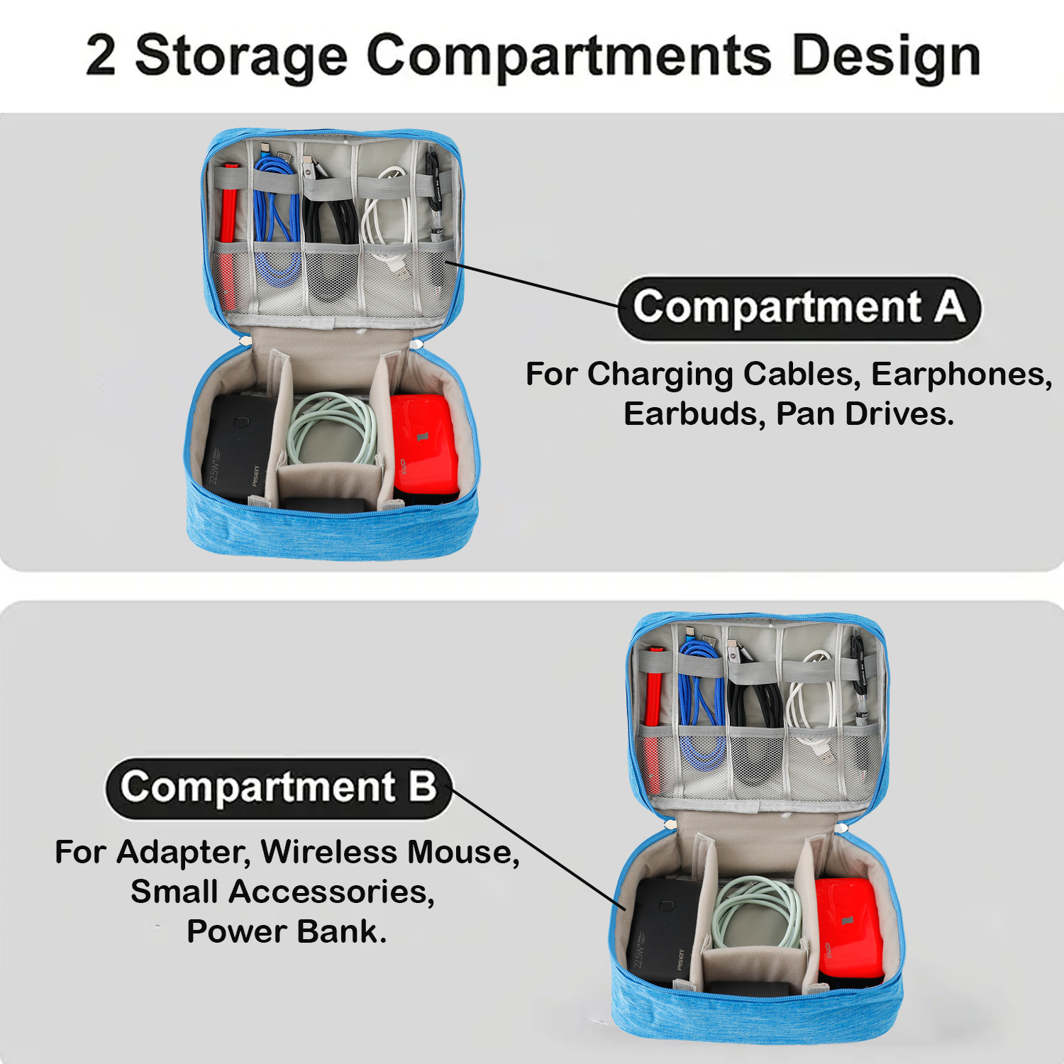 Kuber Industries Travel Organizer For Electronic Accessories|Multipurpose Pouch|Adapter, Cable, Gadget Organizer|Two Comparment With Zipper|Great For Traveling (Blue)