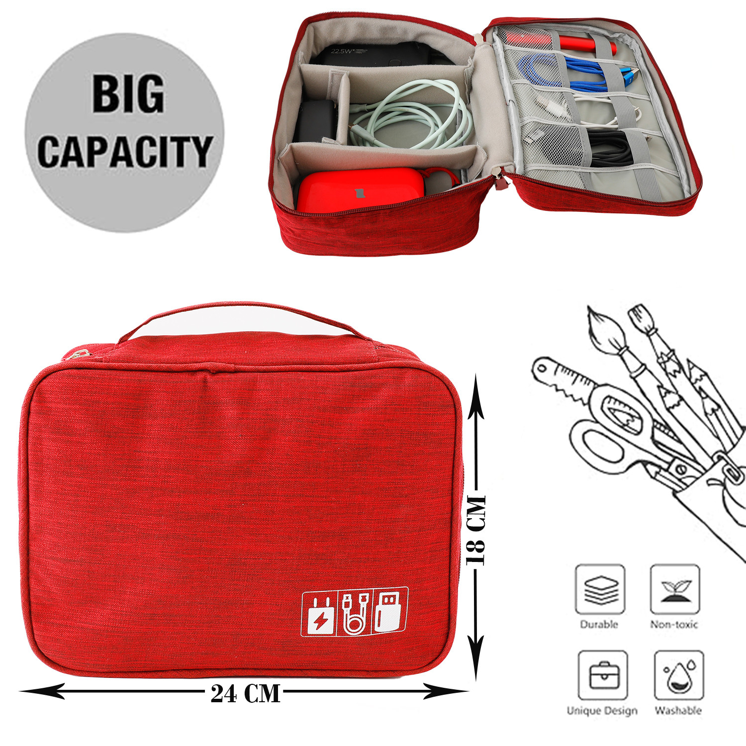 Kuber Industries Travel Organizer For Electronic Accessories|Multipurpose Pouch|Adapter, Cable, Gadget Organizer|Two Comparment With Zipper|Great For Traveling (Red)