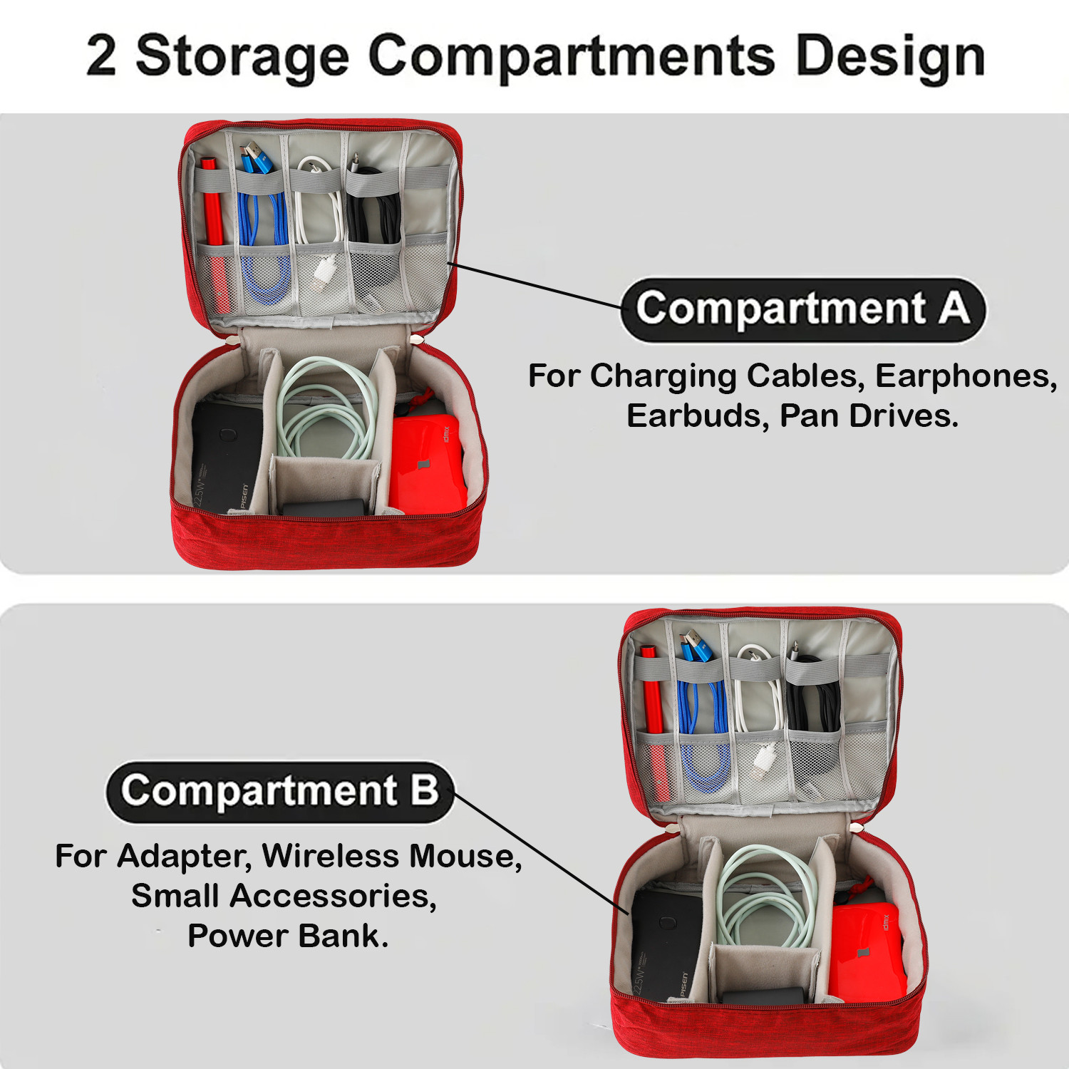 Kuber Industries Travel Organizer For Electronic Accessories|Multipurpose Pouch|Adapter, Cable, Gadget Organizer|Two Comparment With Zipper|Great For Traveling (Red)