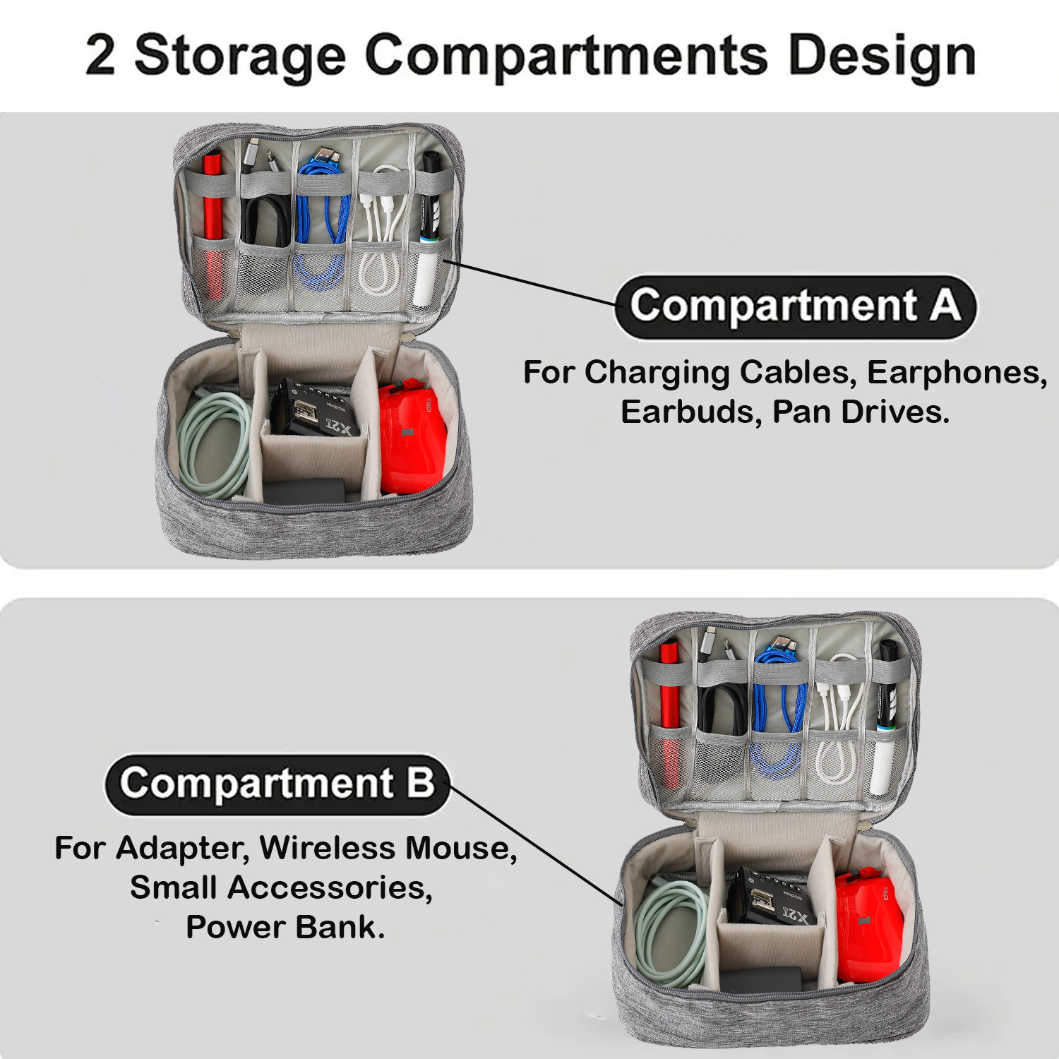 Kuber Industries Travel Organizer For Electronic Accessories|Multipurpose Pouch|Adapter, Cable, Gadget Organizer|Two Comparment With Zipper|Great For Traveling (Grey)