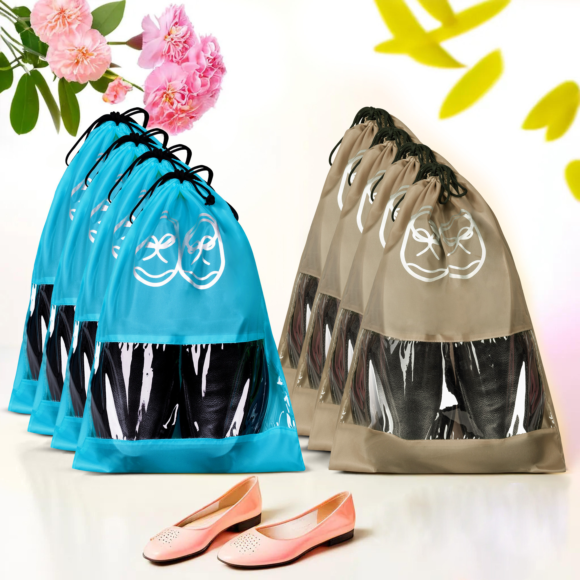 Kuber Industries Travel Shoe Organizer | Travel Storage Bags | Travel Carrying Bag | Storage Organizers Set | Shoe Cover with Transparent Window | Shoe Dori Cover | Brown & Sky Blue
