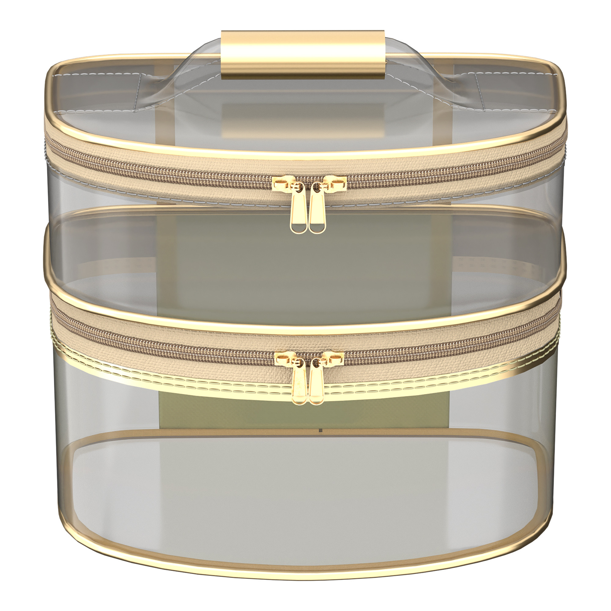 Kuber Industries Travel Storage Organizer  Dual Layer Cosmetic Bag with Handle  Transparent Jewellery Kit  Travel Makeup Pouch  Toiletries Storage Kit  D Shape-Design  Golden